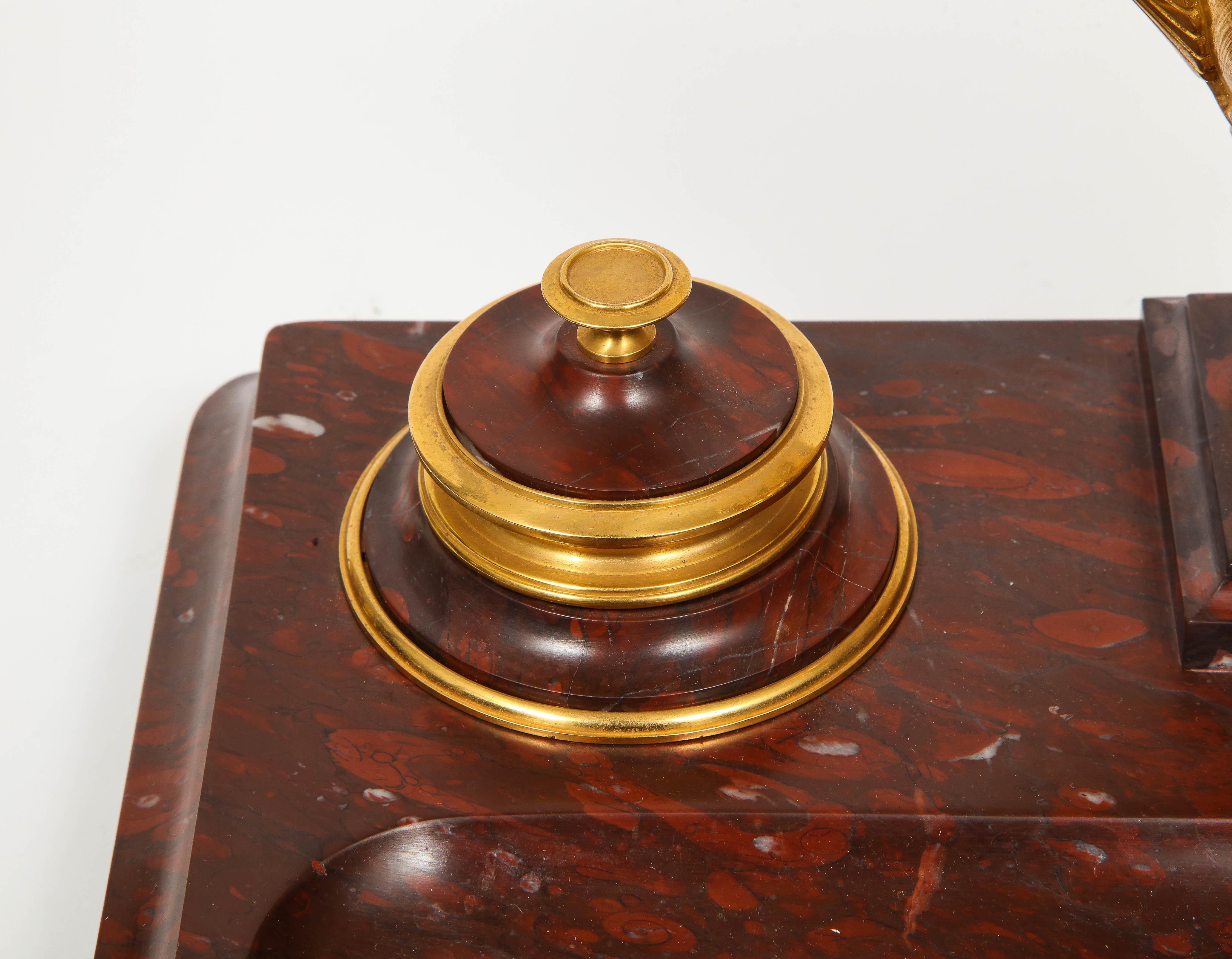 French Large Rouge Marble and Gilt Bronze Inkwell Encrier, Attributed to Barbedienne