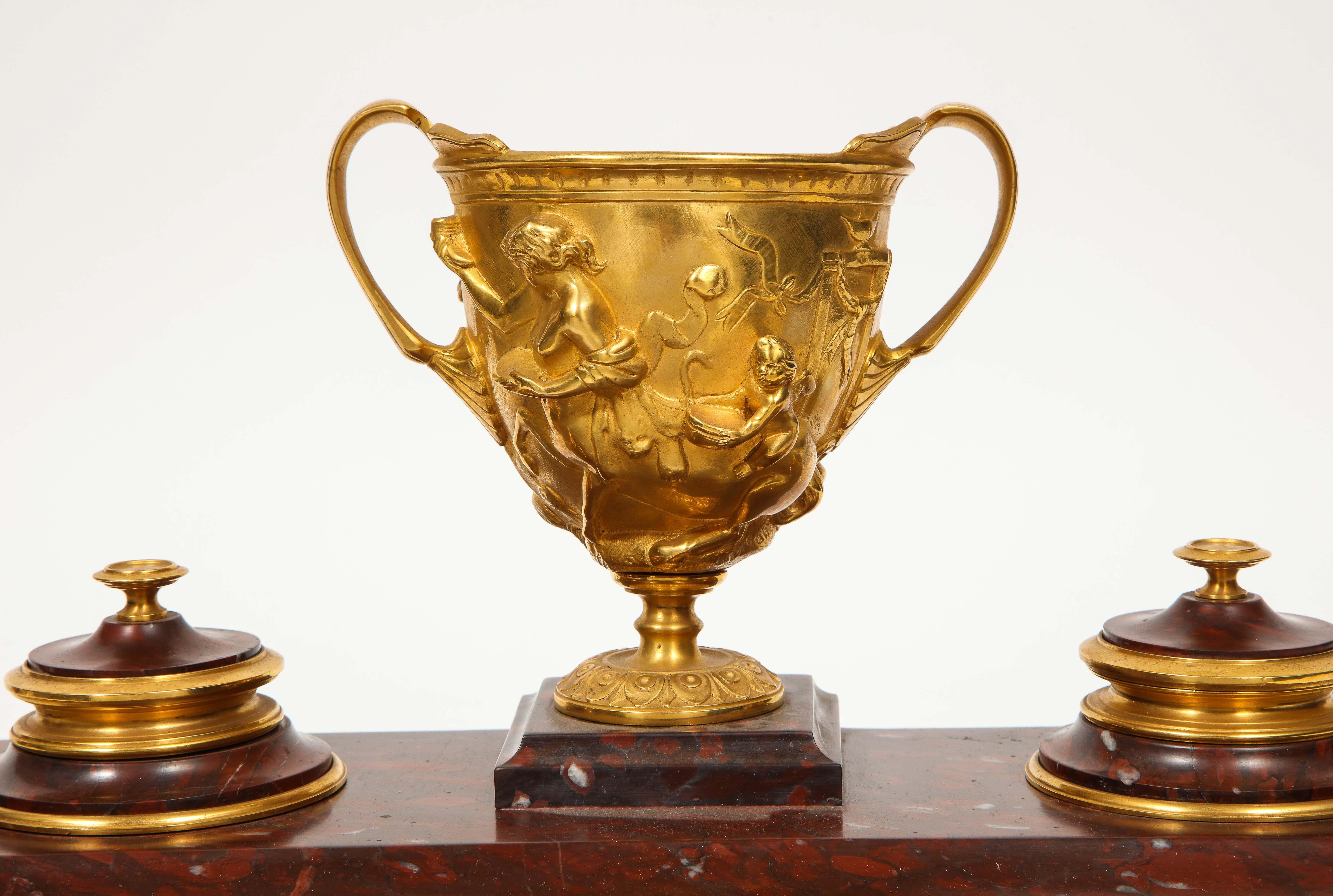 Large Rouge Marble and Gilt Bronze Inkwell Encrier, Attributed to Barbedienne In Good Condition In New York, NY