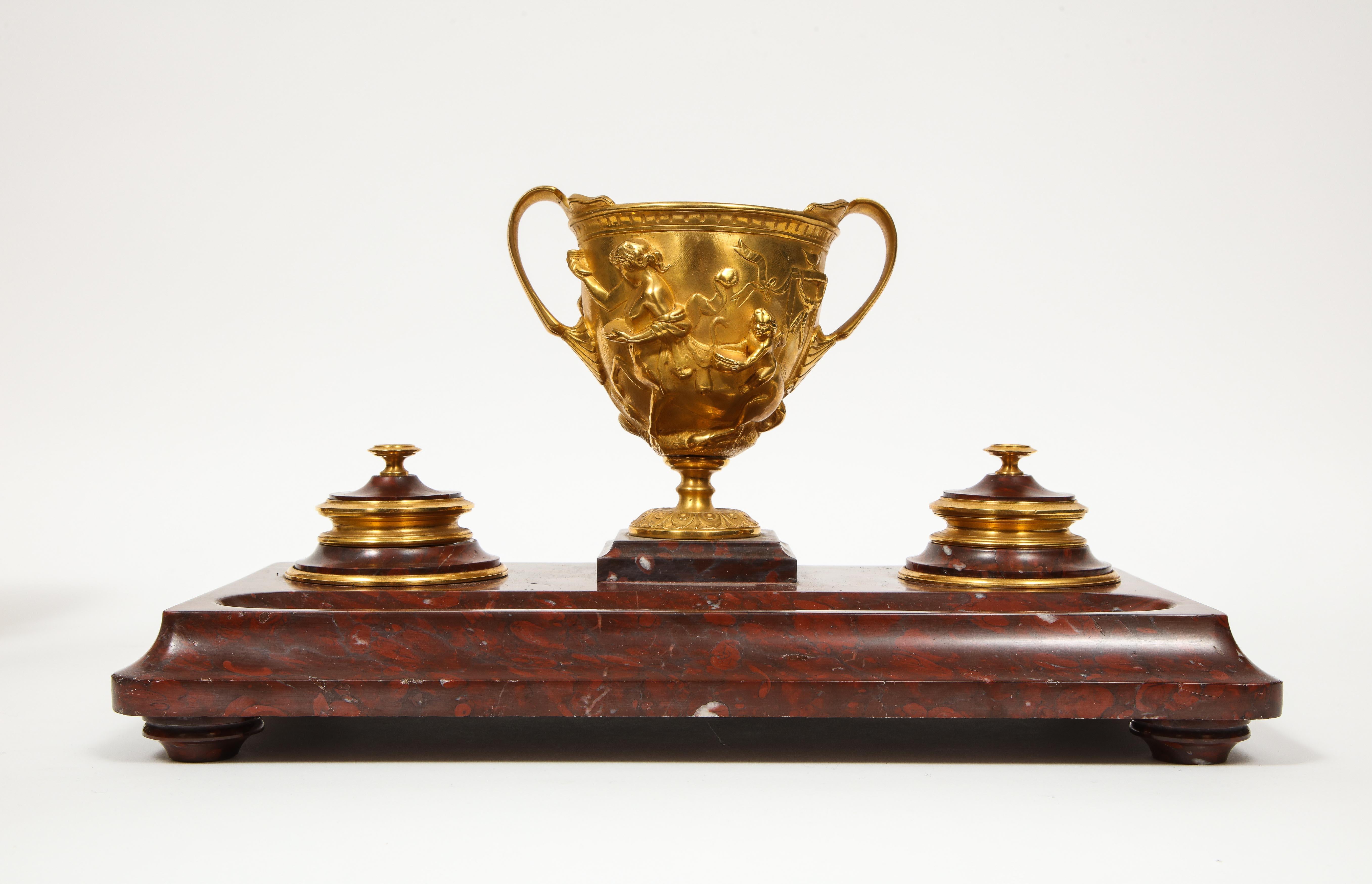 19th Century Large Rouge Marble and Gilt Bronze Inkwell Encrier, Attributed to Barbedienne