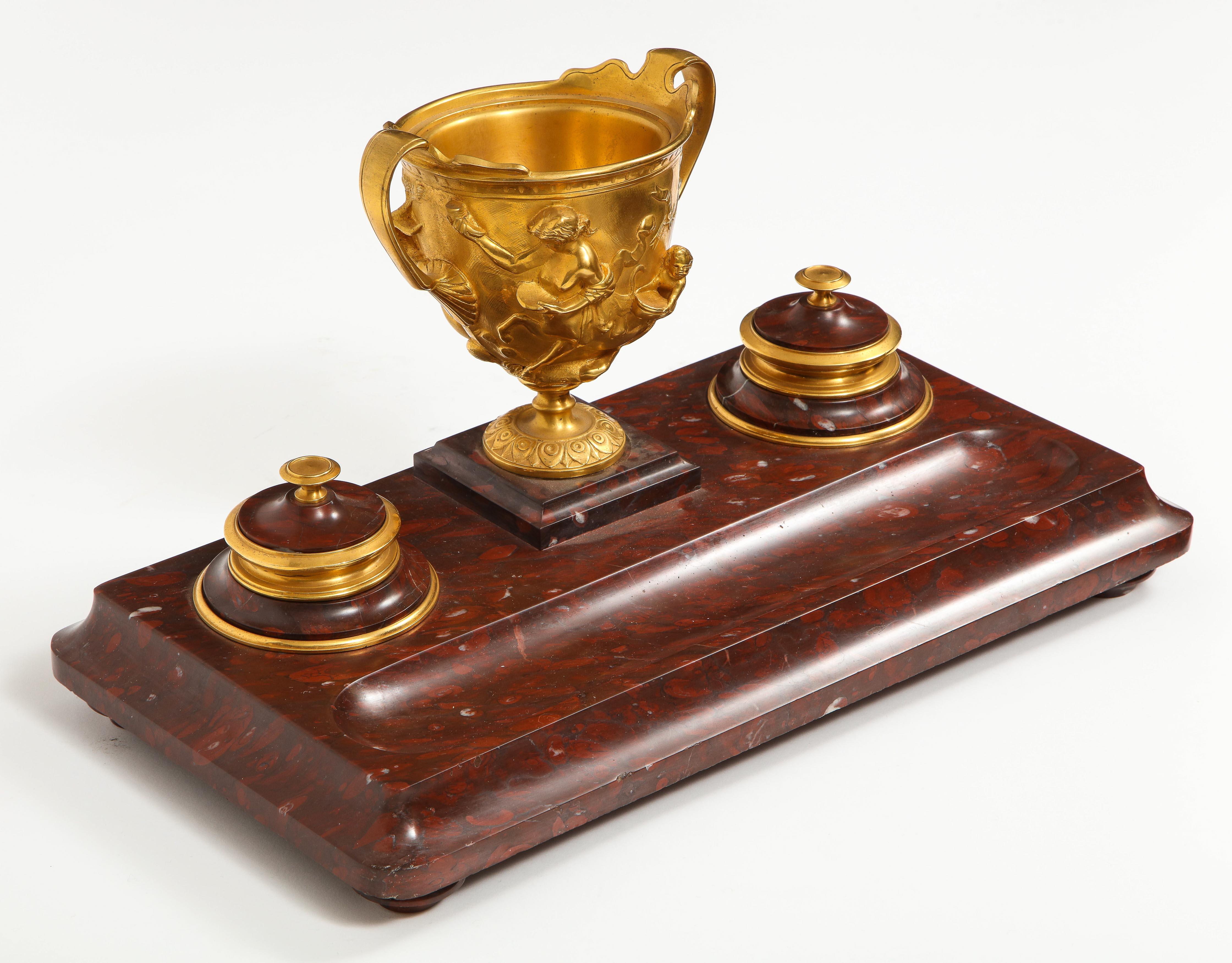 Large Rouge Marble and Gilt Bronze Inkwell Encrier, Attributed to Barbedienne 1