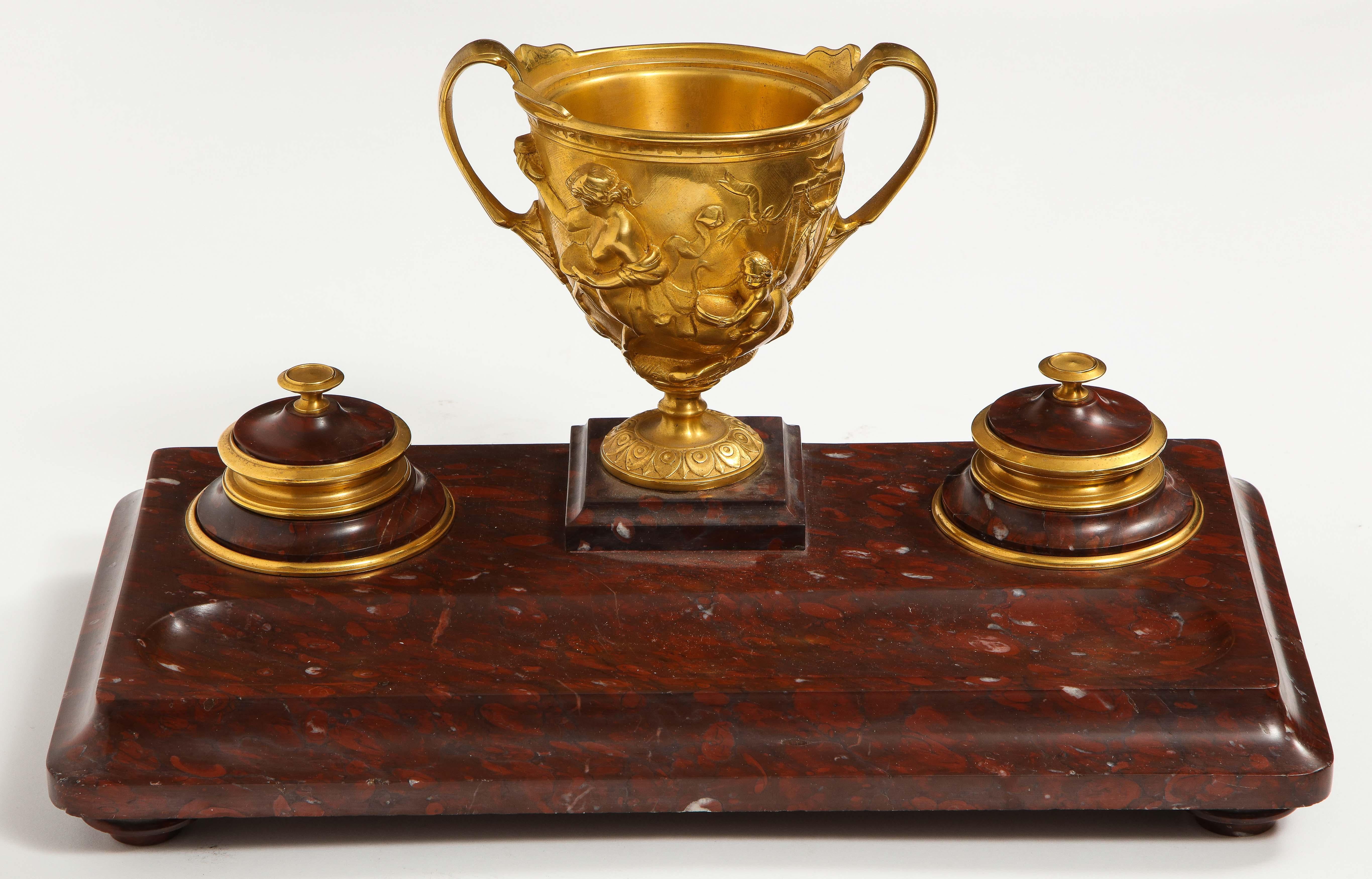 Large Rouge Marble and Gilt Bronze Inkwell Encrier, Attributed to Barbedienne 2