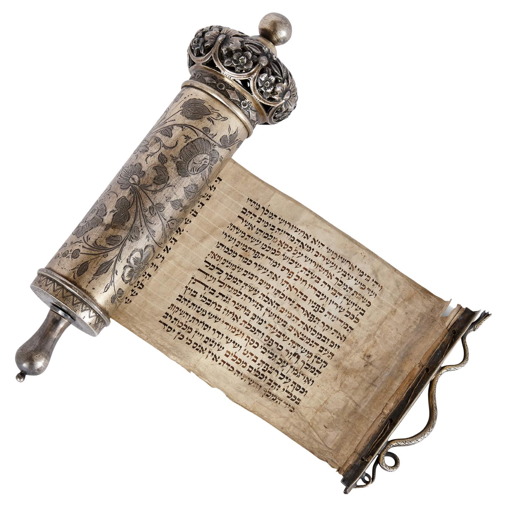 Large Russian Silver Jewish Megillah Case and Scroll For Sale