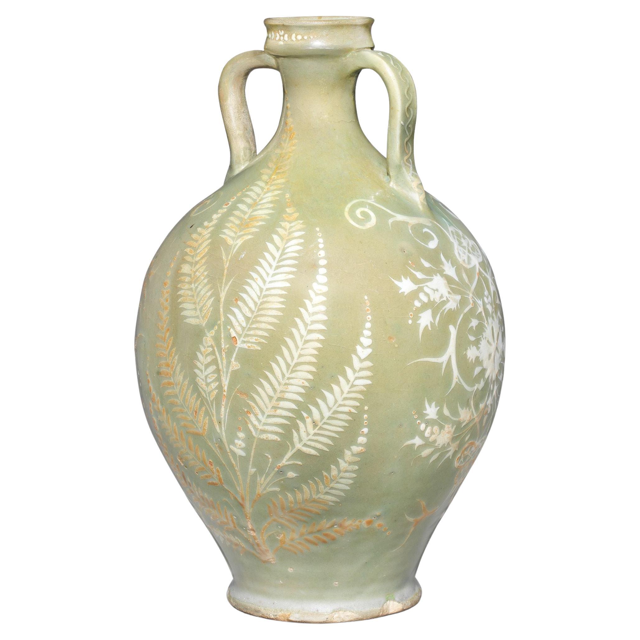 A Large Safavid Celadon Pottery Vase, 17th Century For Sale