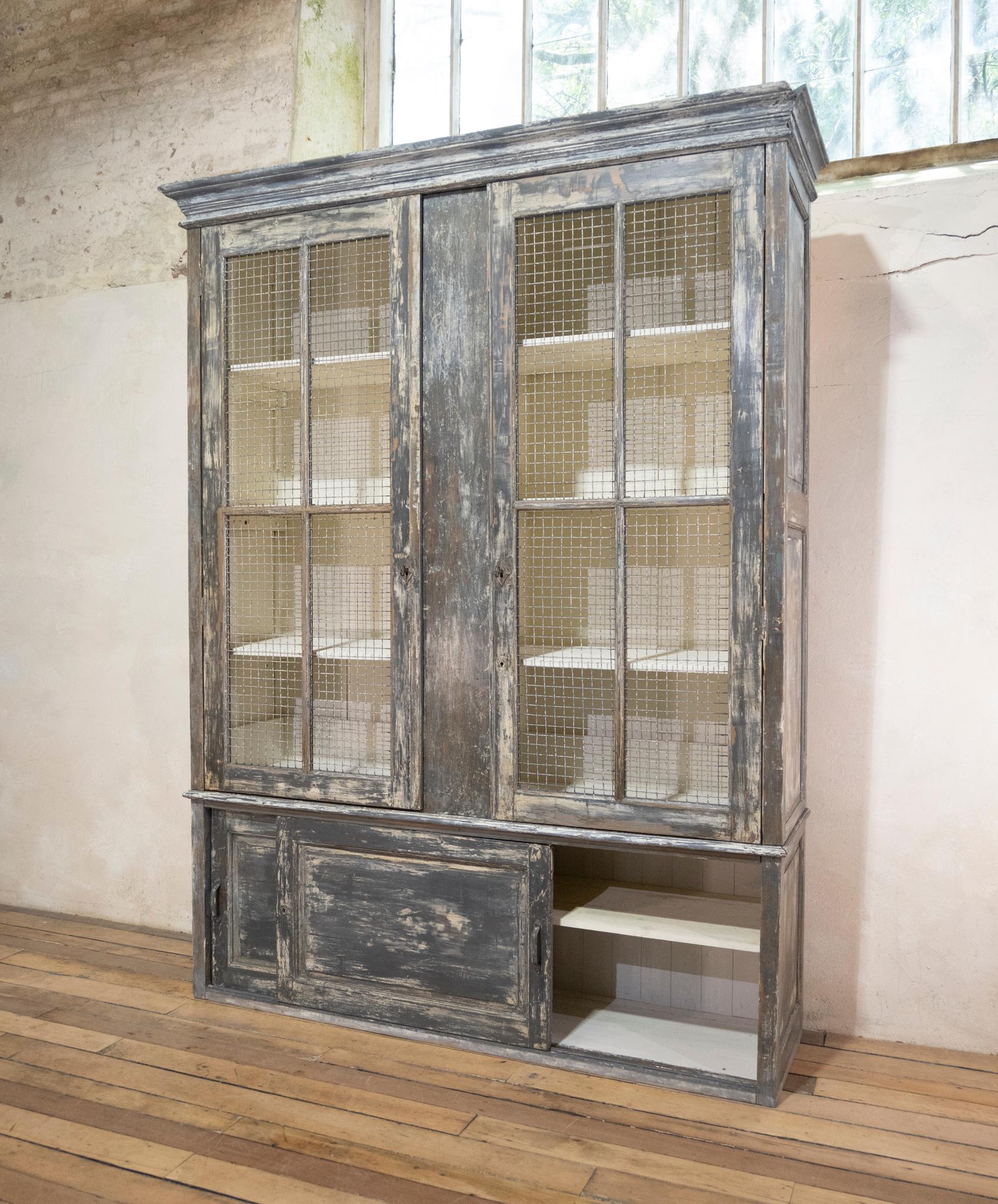 Large Scale 19th Century Painted Housekeepers Cupboard, Mesh Doors 1