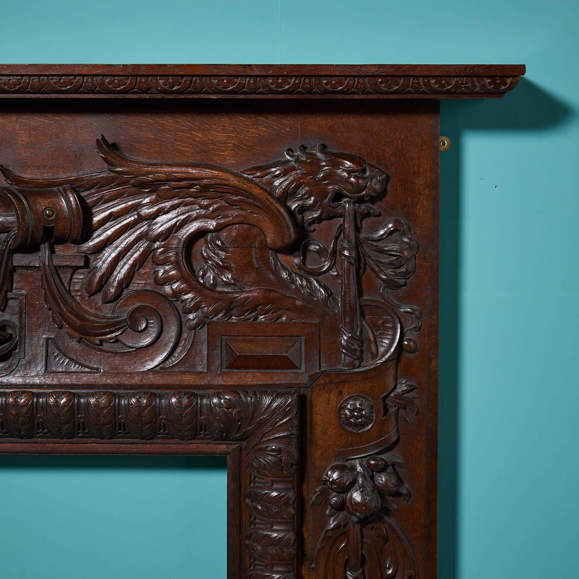 Chimenea inglesa victoriana de roble tallado del siglo XIX a gran escala. Citas a cir Inglés en venta