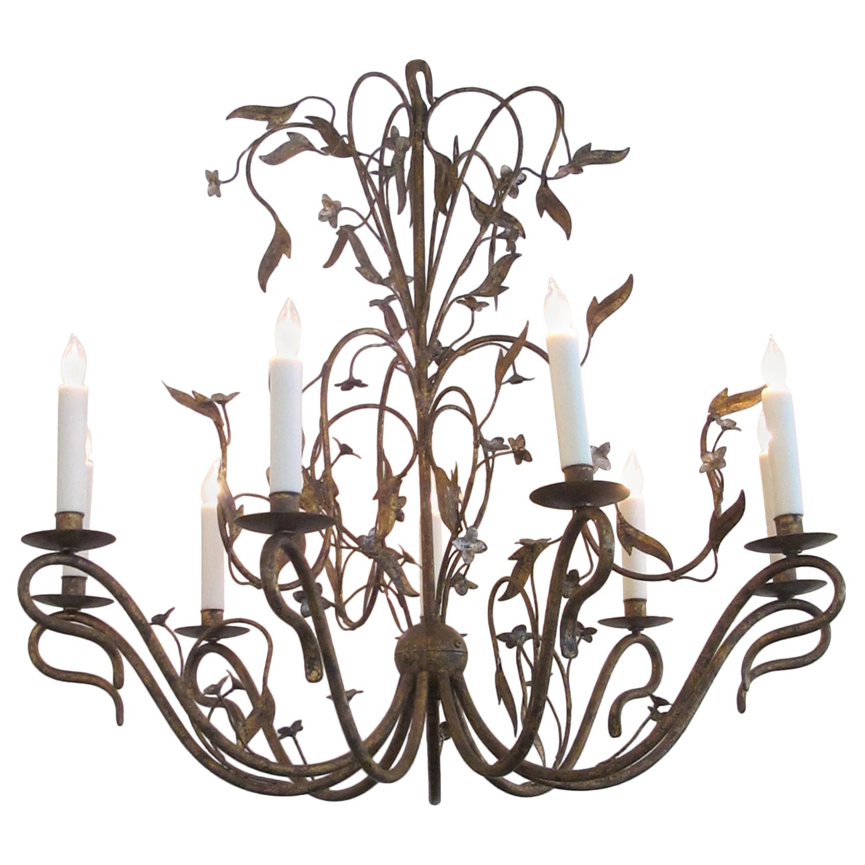 Large-Scale French Gilt-Iron 8-Light Chandelier with Foliate Vines