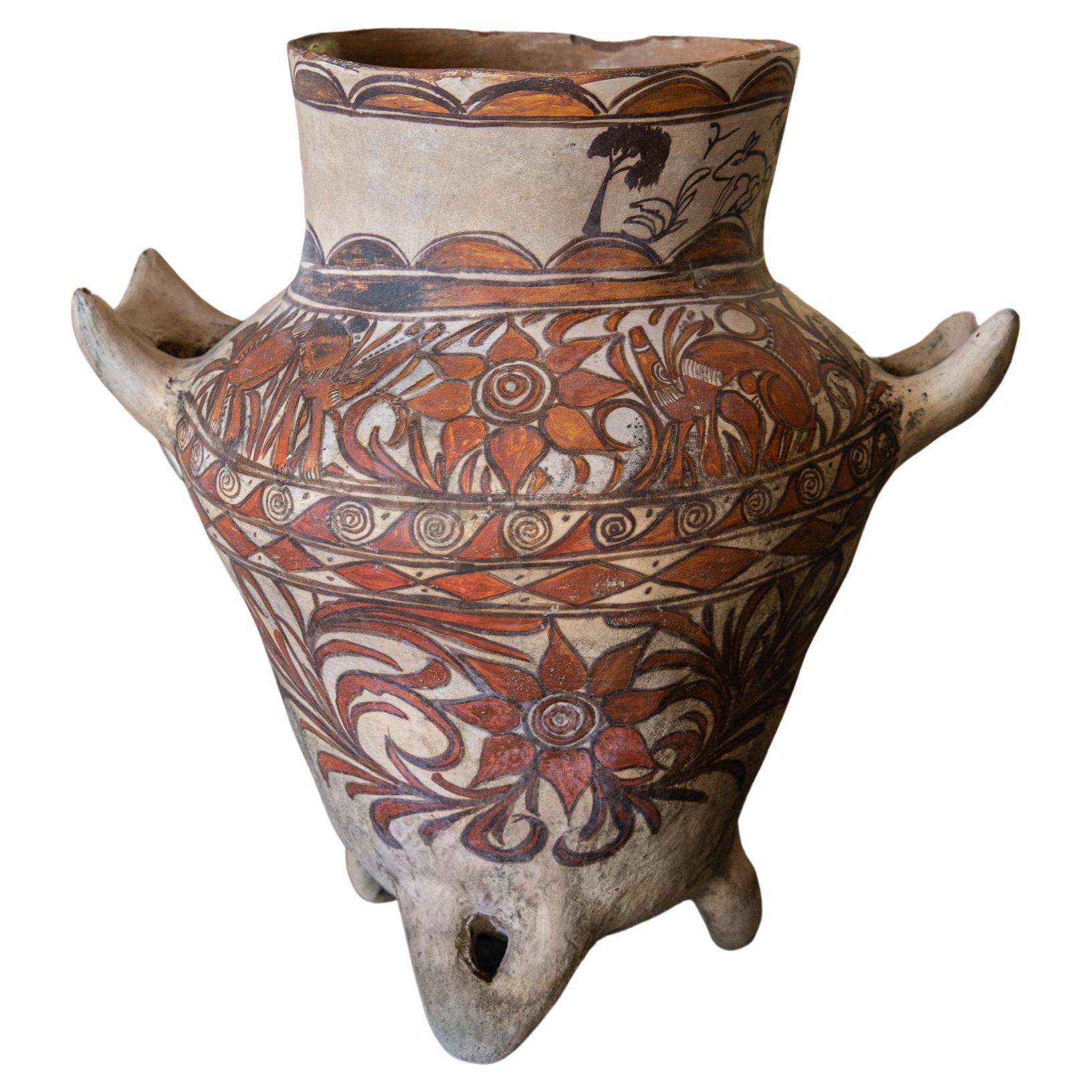 Large Scale Hand Painted Tripod Urn from Guerrero, Mexico, c1800 For Sale