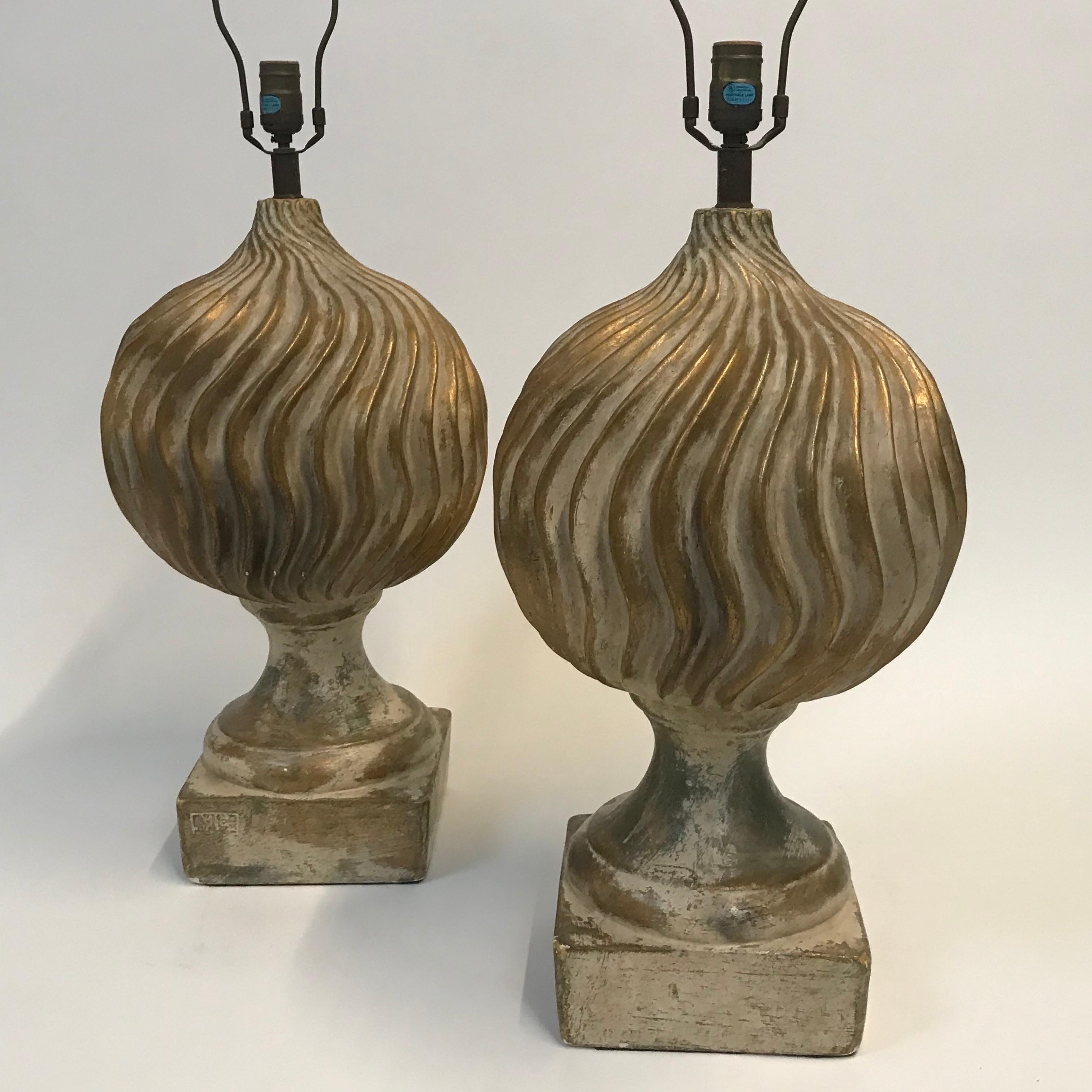 Large Scale Pair of Neo Classical Plaster Table Lamps with Aged Gilt Finish For Sale 4