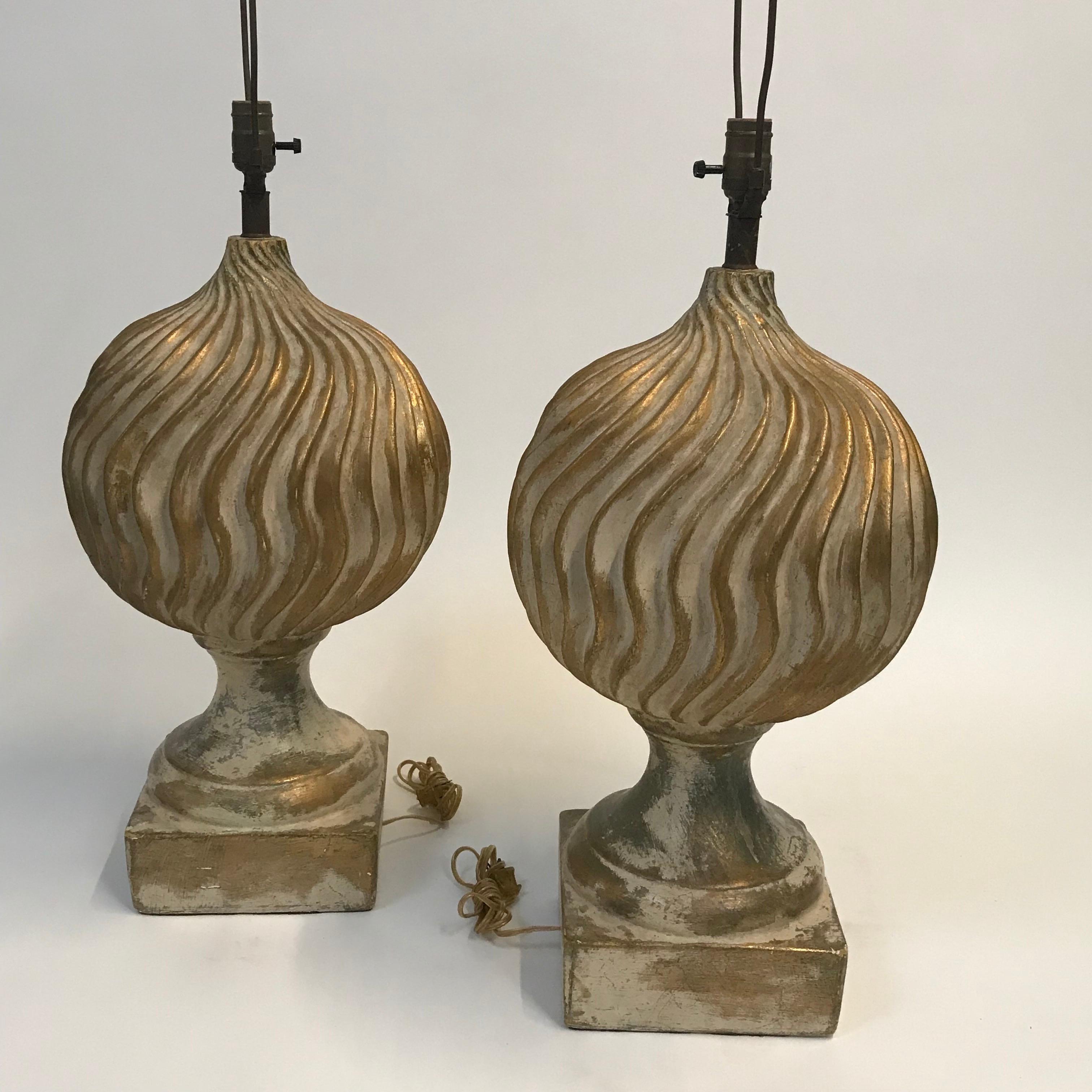 Large Scale Pair of Neo Classical Plaster Table Lamps with Aged Gilt Finish For Sale 6