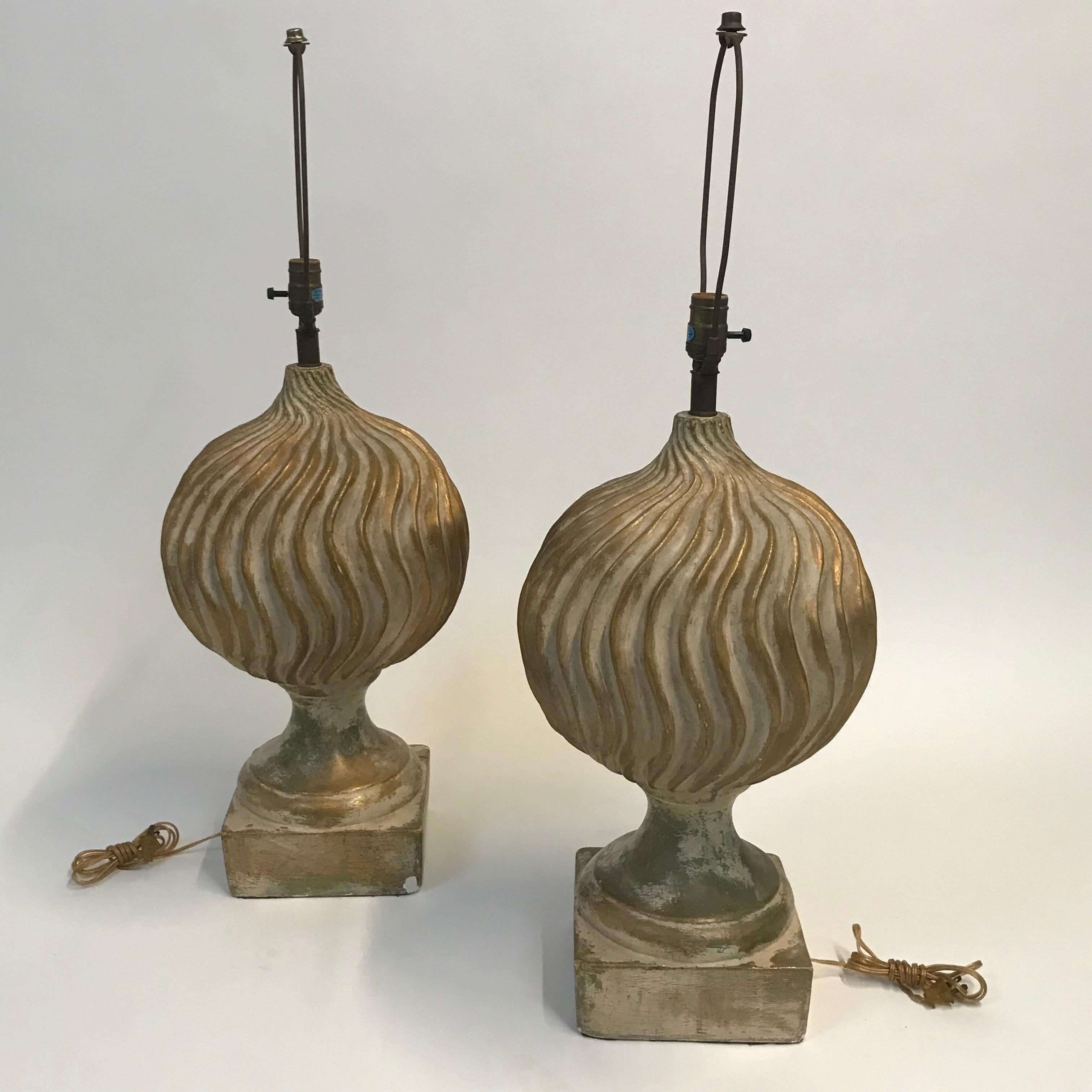 Large Scale Pair of Neo Classical Plaster Table Lamps with Aged Gilt Finish For Sale 10
