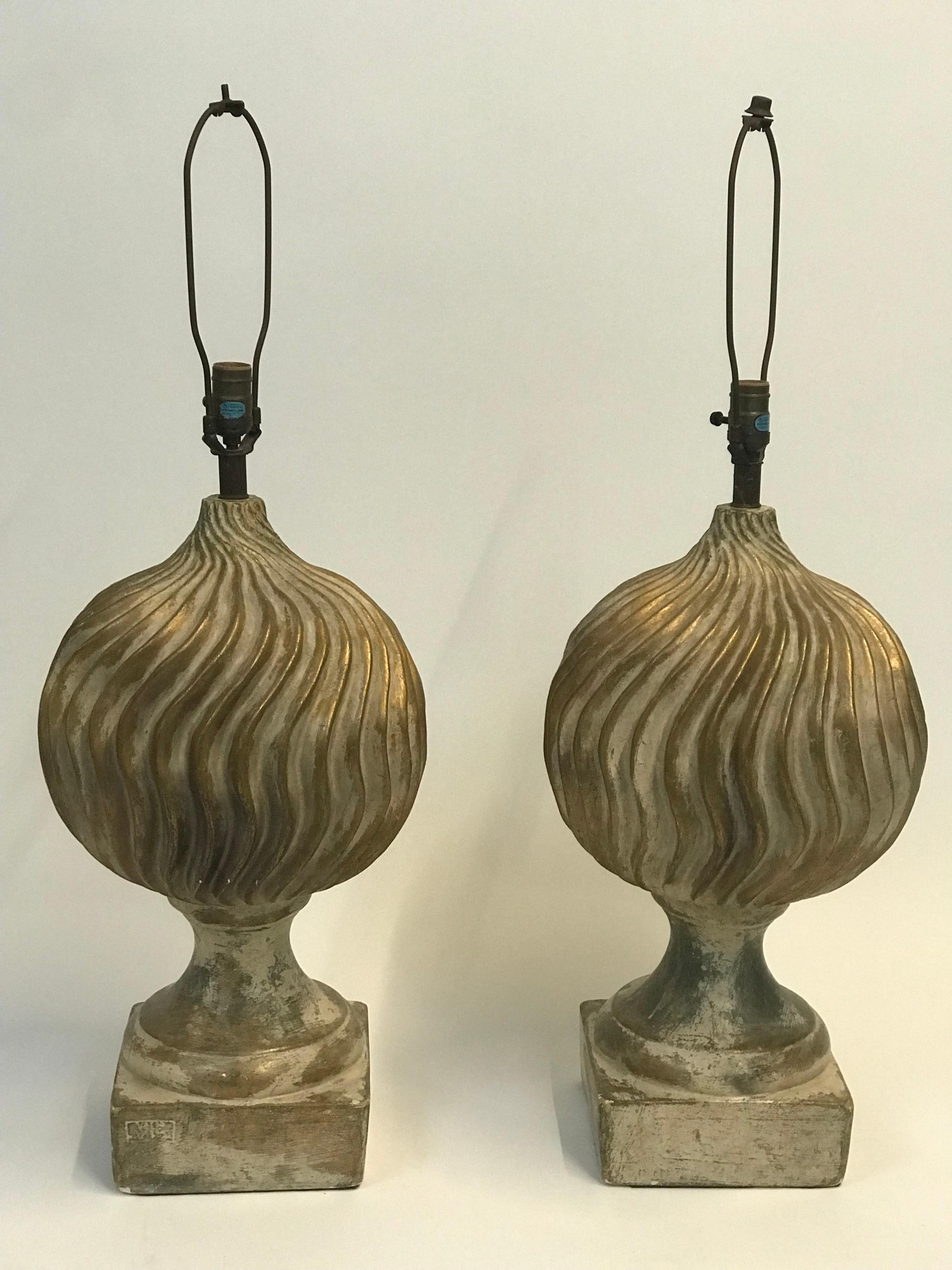 East Asian Large Scale Pair of Neo Classical Plaster Table Lamps with Aged Gilt Finish For Sale