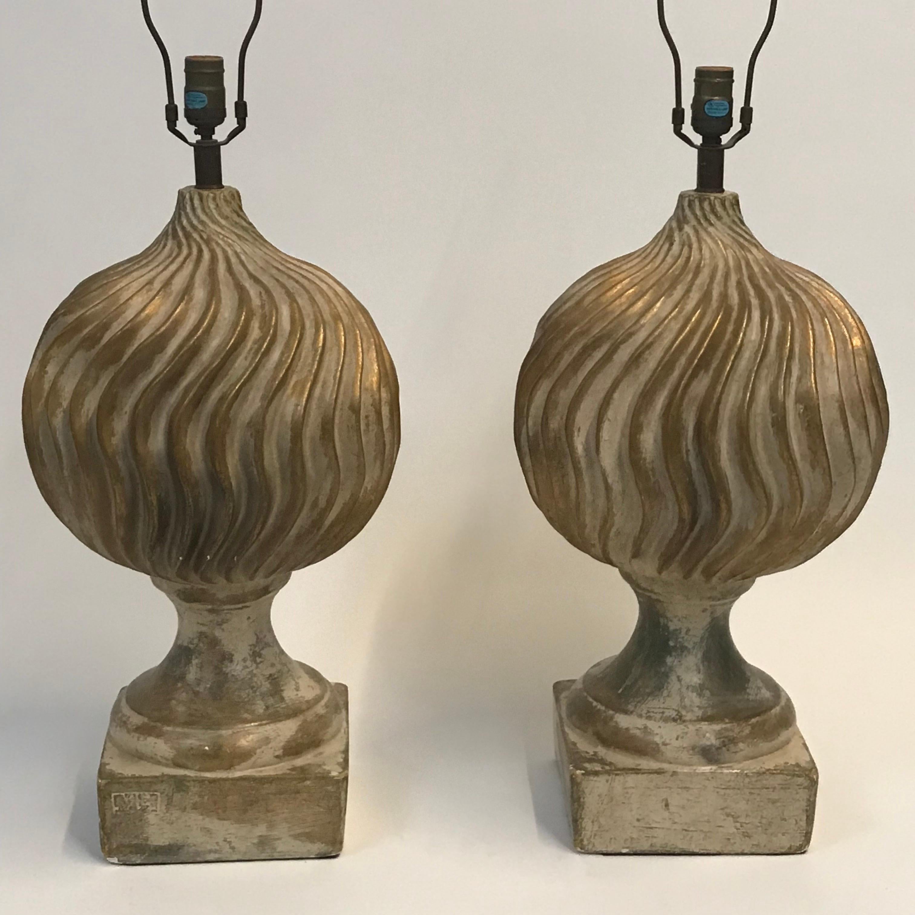 Mid-20th Century Large Scale Pair of Neo Classical Plaster Table Lamps with Aged Gilt Finish For Sale
