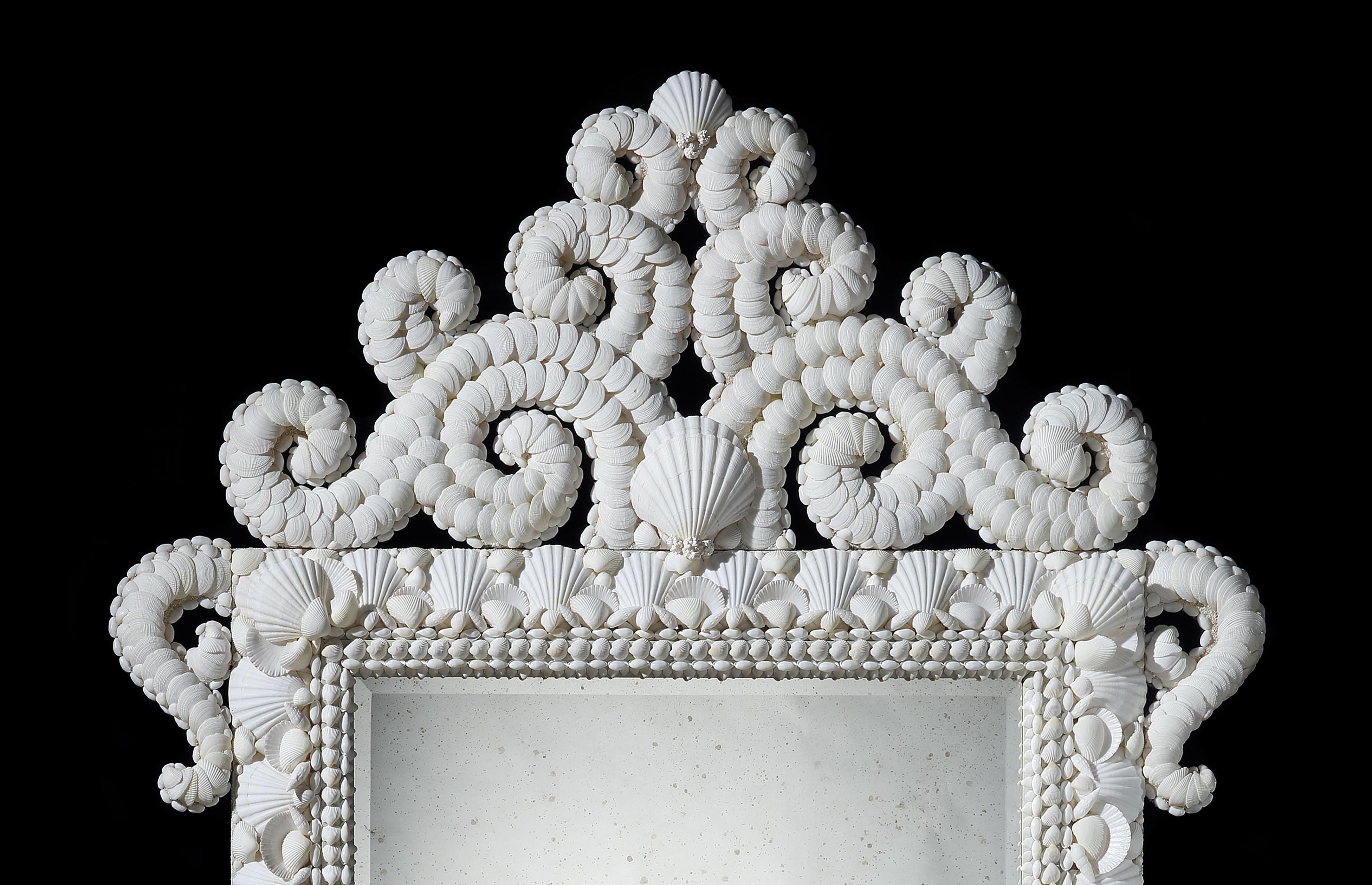 Large Scale White Shell Mirror with Scrolling Cresting and Mercury Plate In New Condition In London, GB