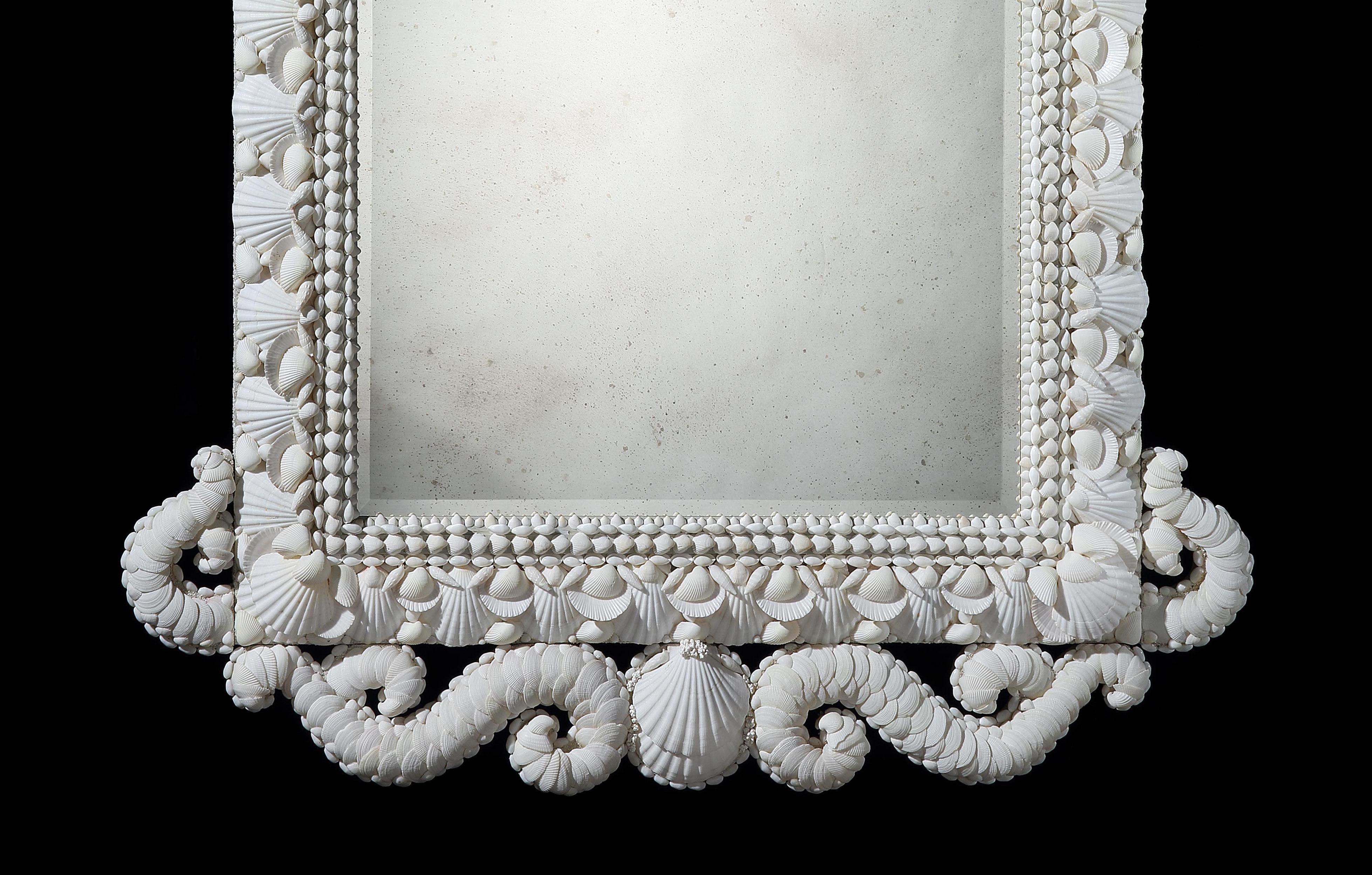 Contemporary Large Scale White Shell Mirror with Scrolling Cresting and Mercury Plate