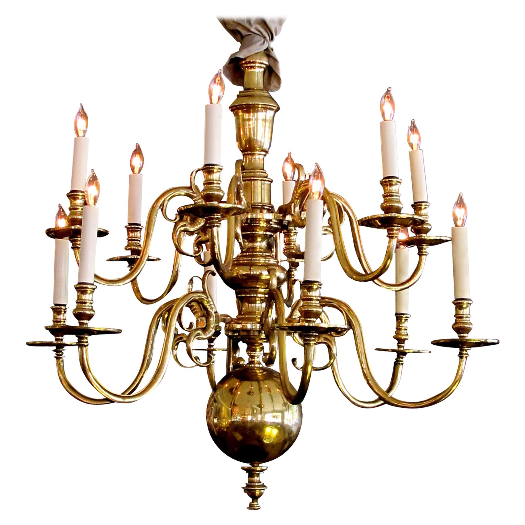 Large-Scaled and Good Quality Dutch Colonial Style Brass 12-Light Chandelier