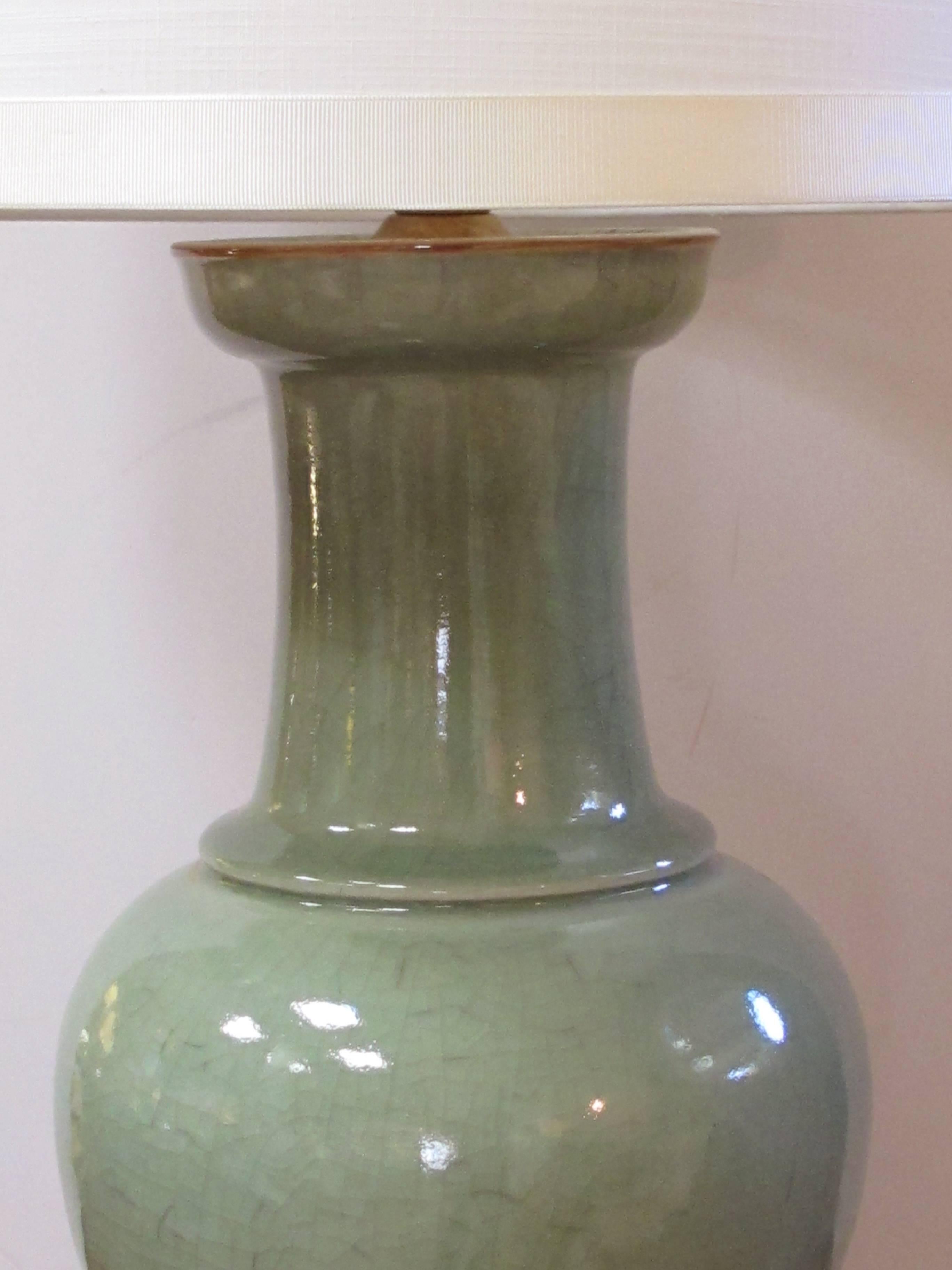 Large Scaled Pair of Antique Chinese Celadon Glazed Vases Now Mounted as Lamps In Excellent Condition In San Francisco, CA