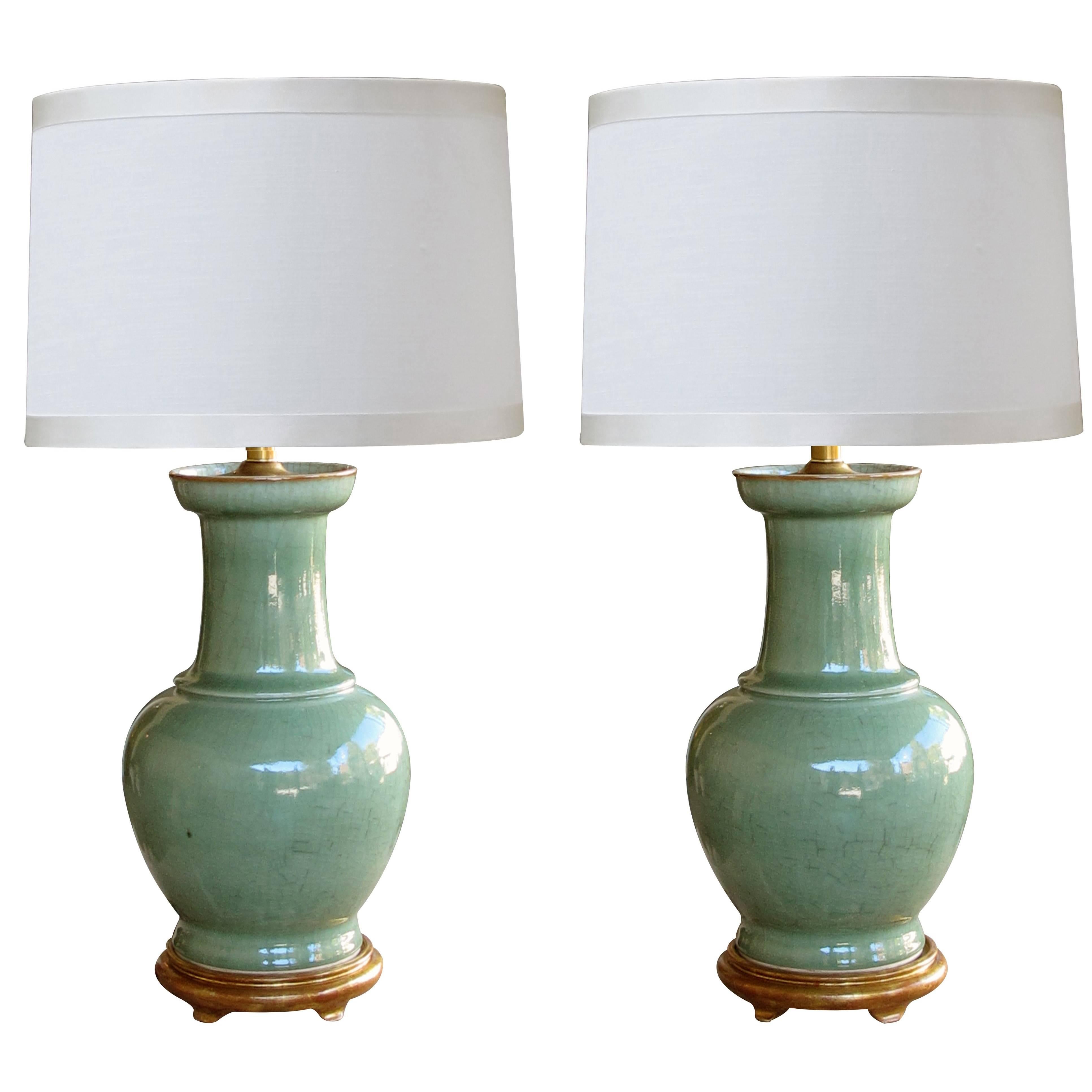 Large Scaled Pair of Antique Chinese Celadon Glazed Vases Now Mounted as Lamps