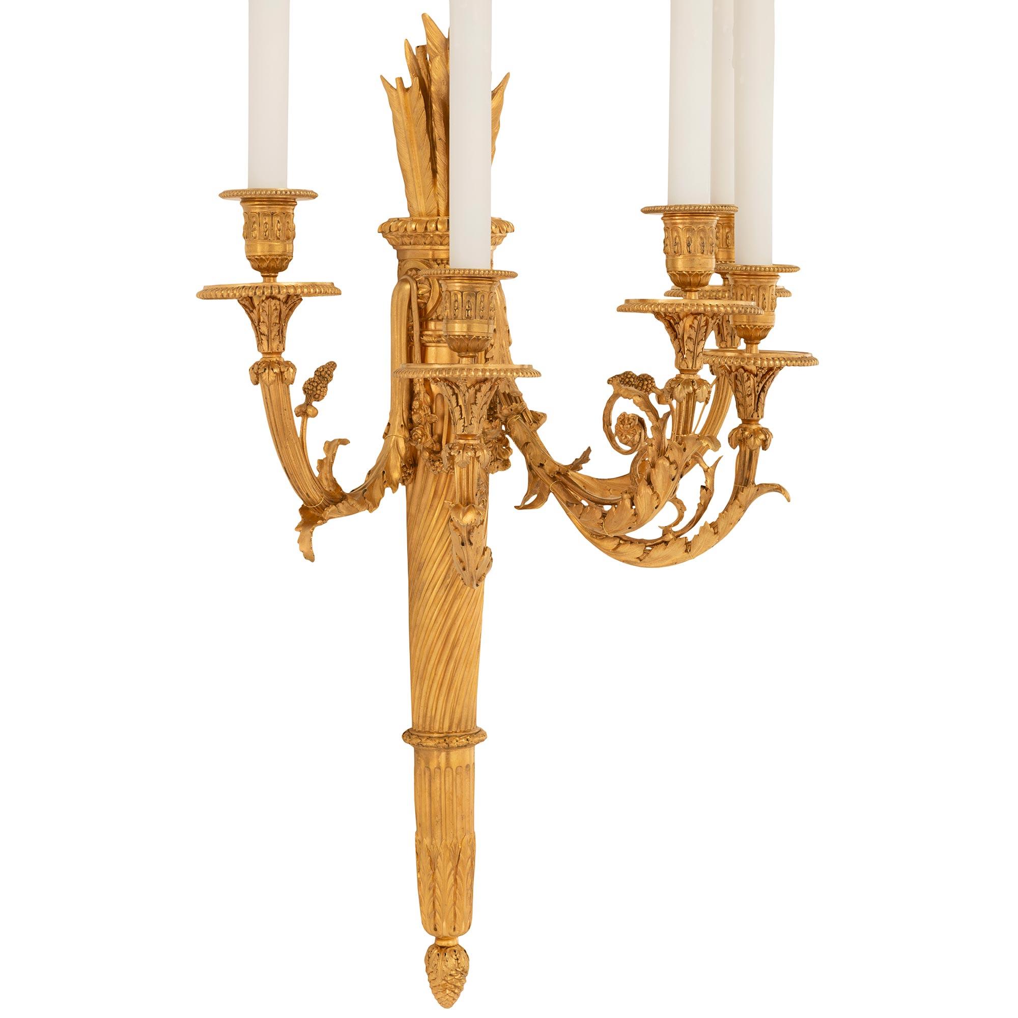 A large scaled pair of French 19th century Louis XVI st. Ormolu sconces In Good Condition For Sale In West Palm Beach, FL