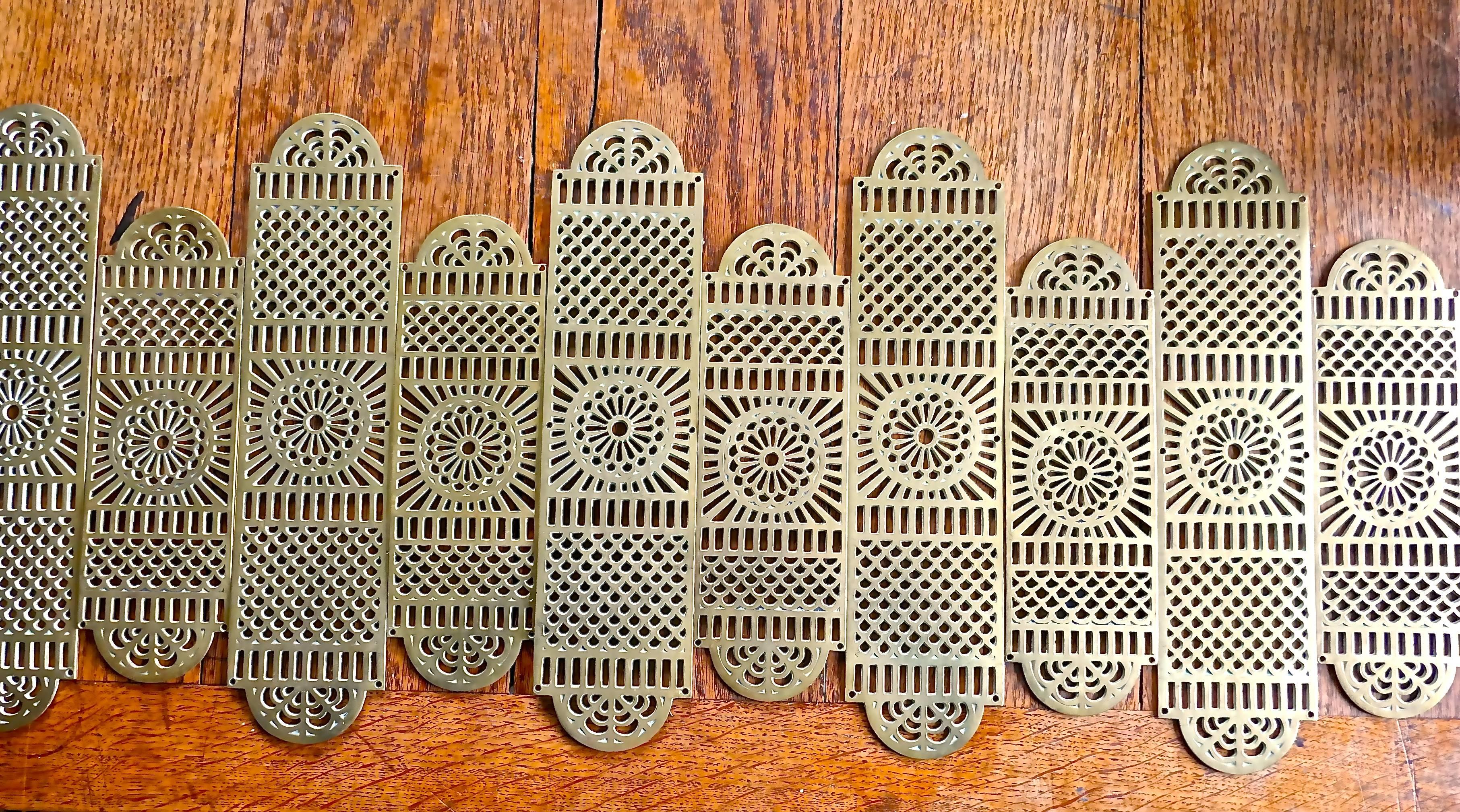 A large set of 19th century pierced brass door finger plates 

There are five identical pairs in this set, the are very heavy and made in pierced brass, the top and bottom have rounded shape and each set has one long and one shorter plate
The