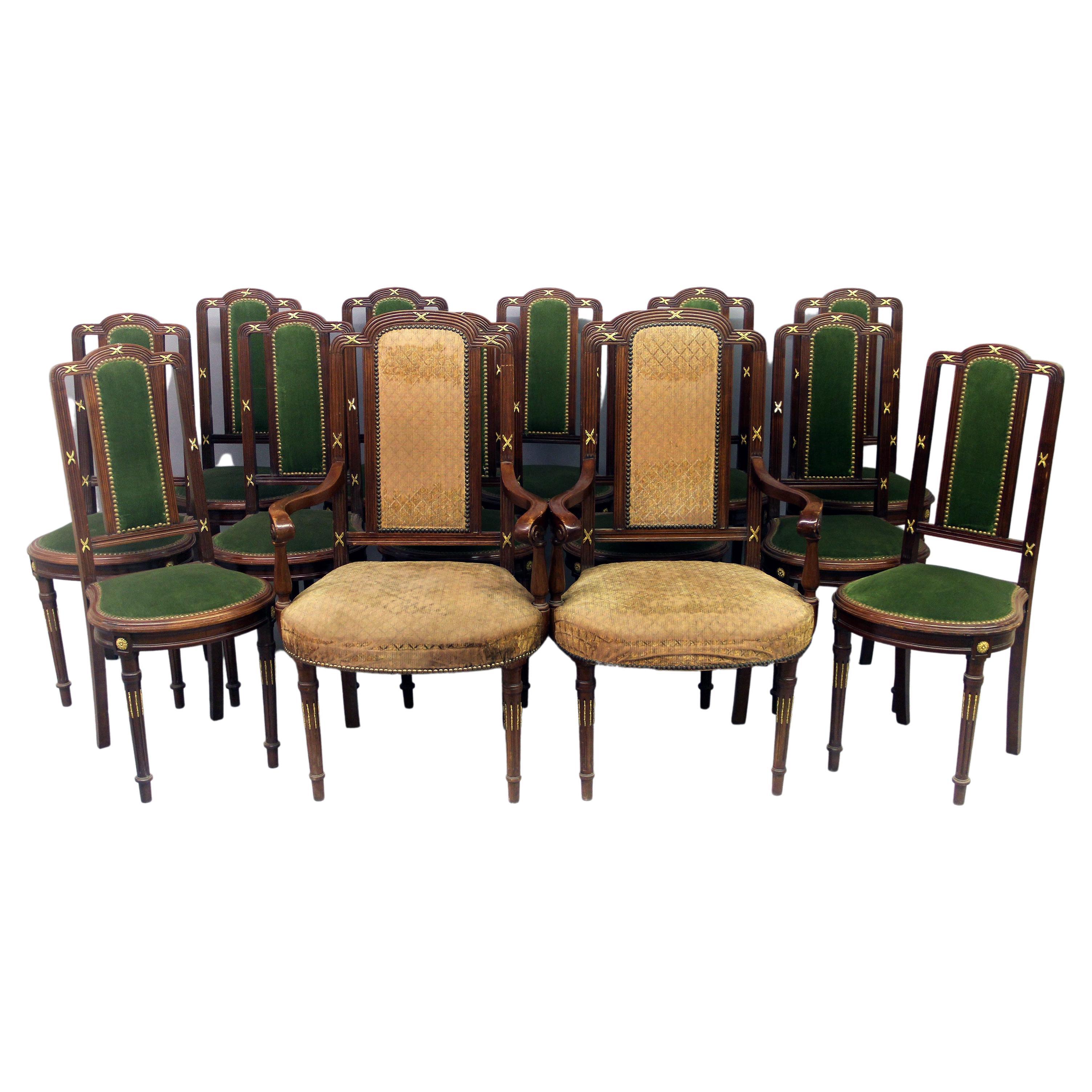 A Large Set of Fourteen 19th Century Gilt Bronze Mounted Dining Chairs For Sale