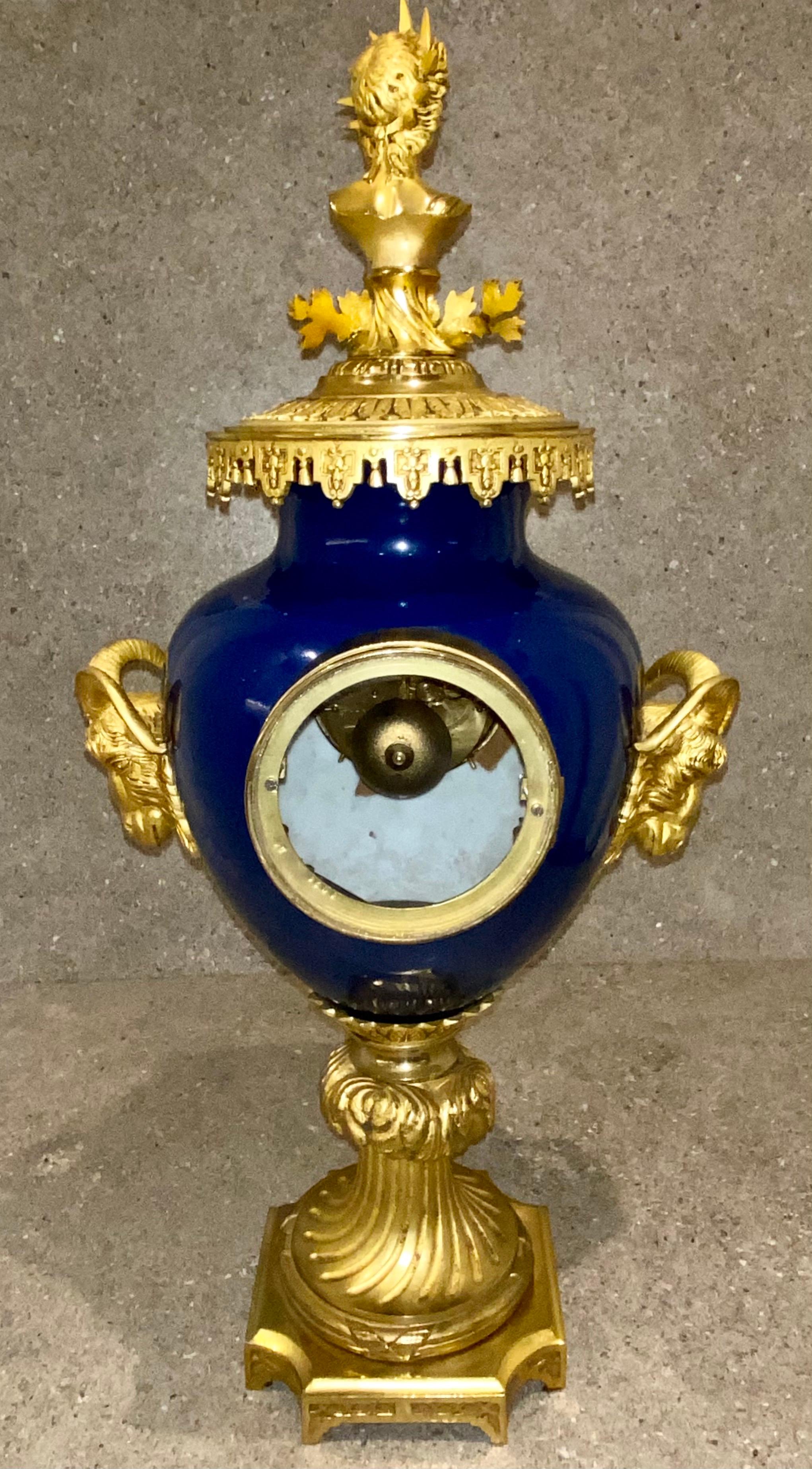 Large Sevres Porcelain & Bronze Dore 3 Piece Clock Garniture Set For Sale 9