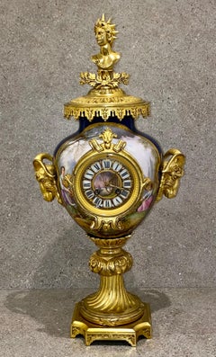 Large Sevres Porcelain & Bronze Dore 3 Piece Clock Garniture Set