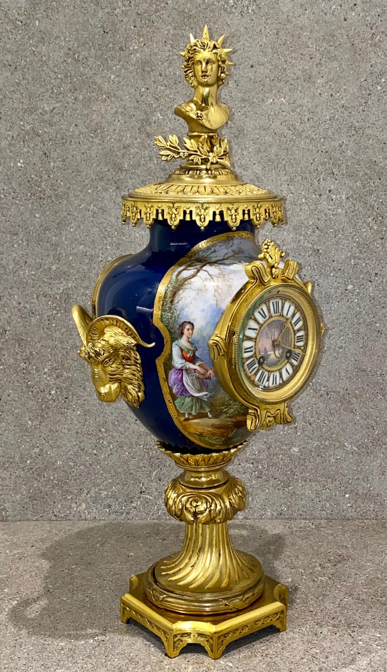 French Large Sevres Porcelain & Bronze Dore 3 Piece Clock Garniture Set For Sale