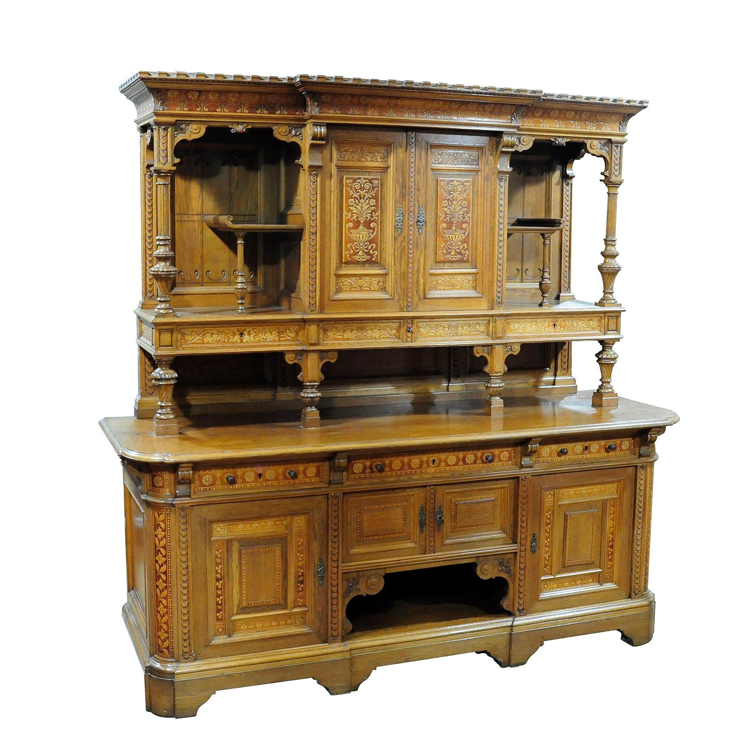 A Large Sideboard by Bernhard Ludwig Vienna ca. 1900

A large Victorian oak wood side board with great decorations. Manufactured by the Royal Warrand Holder Bernhard Ludwig, Vienna. Austria ca. 1900. Depending on the place of delivery, the transport