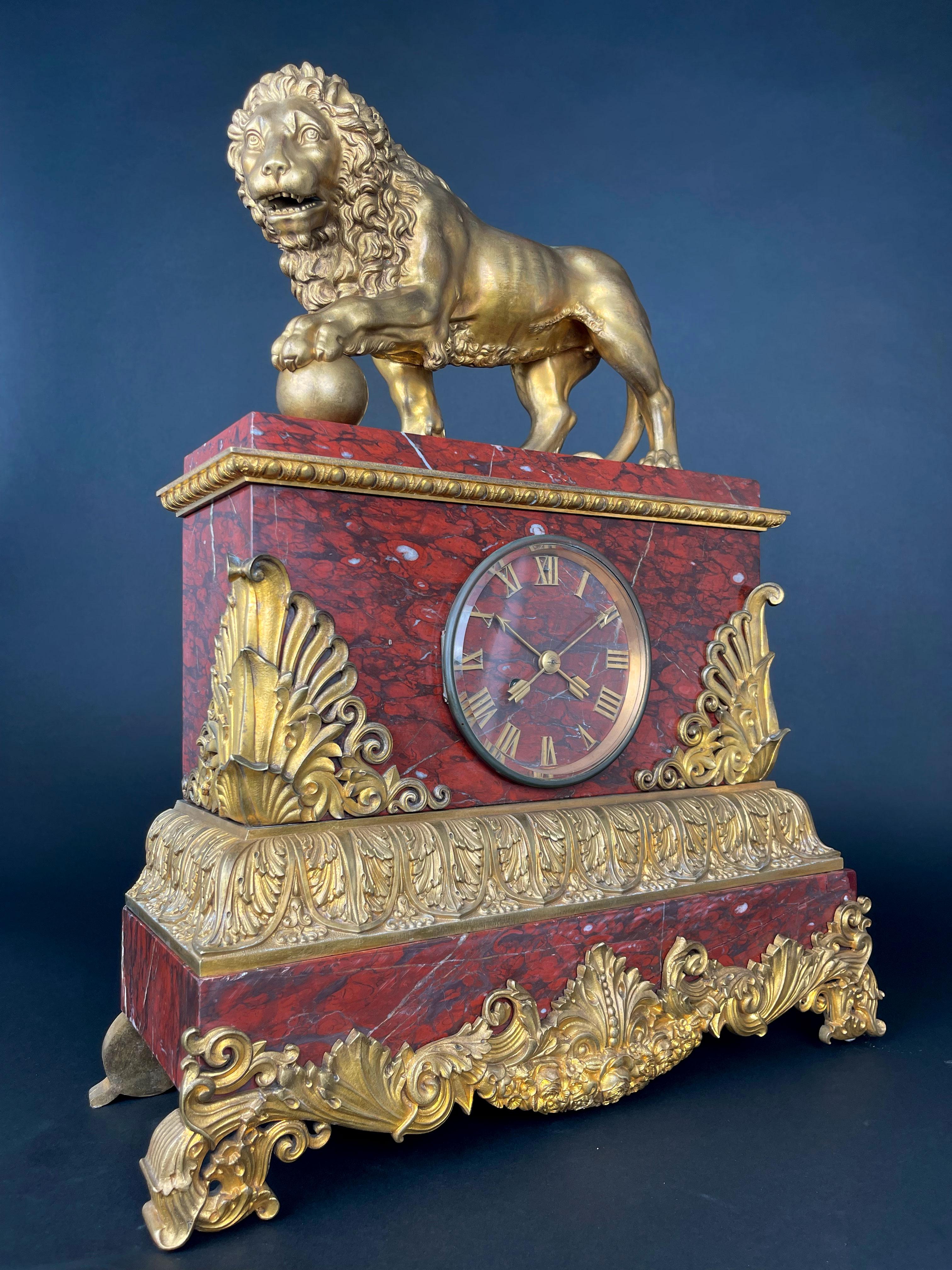 Louis XV A Large Size Gilt Bronze & Rouge Marble Clock, France, 19th Century For Sale