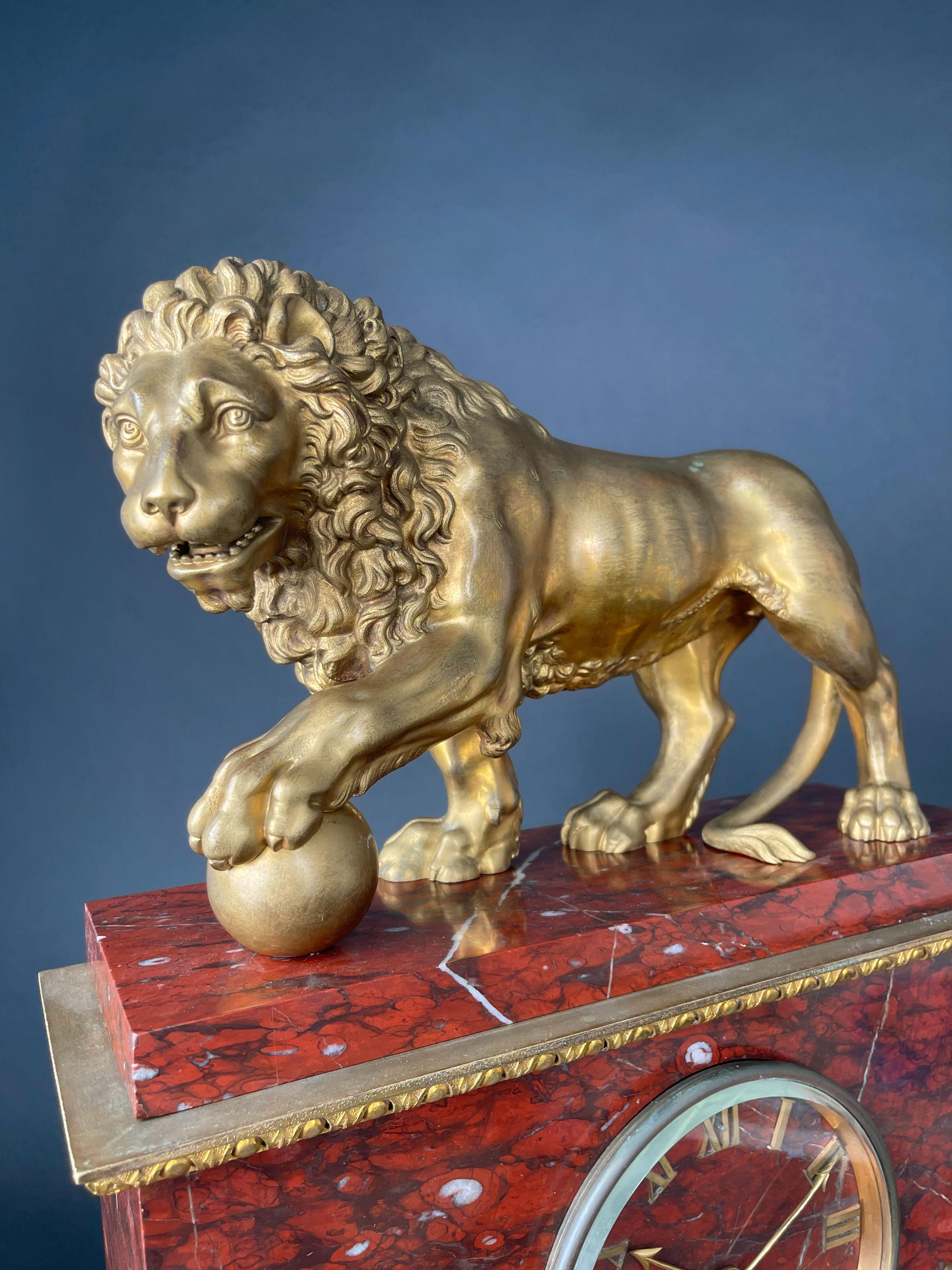 Hand-Carved A Large Size Gilt Bronze & Rouge Marble Clock, France, 19th Century For Sale