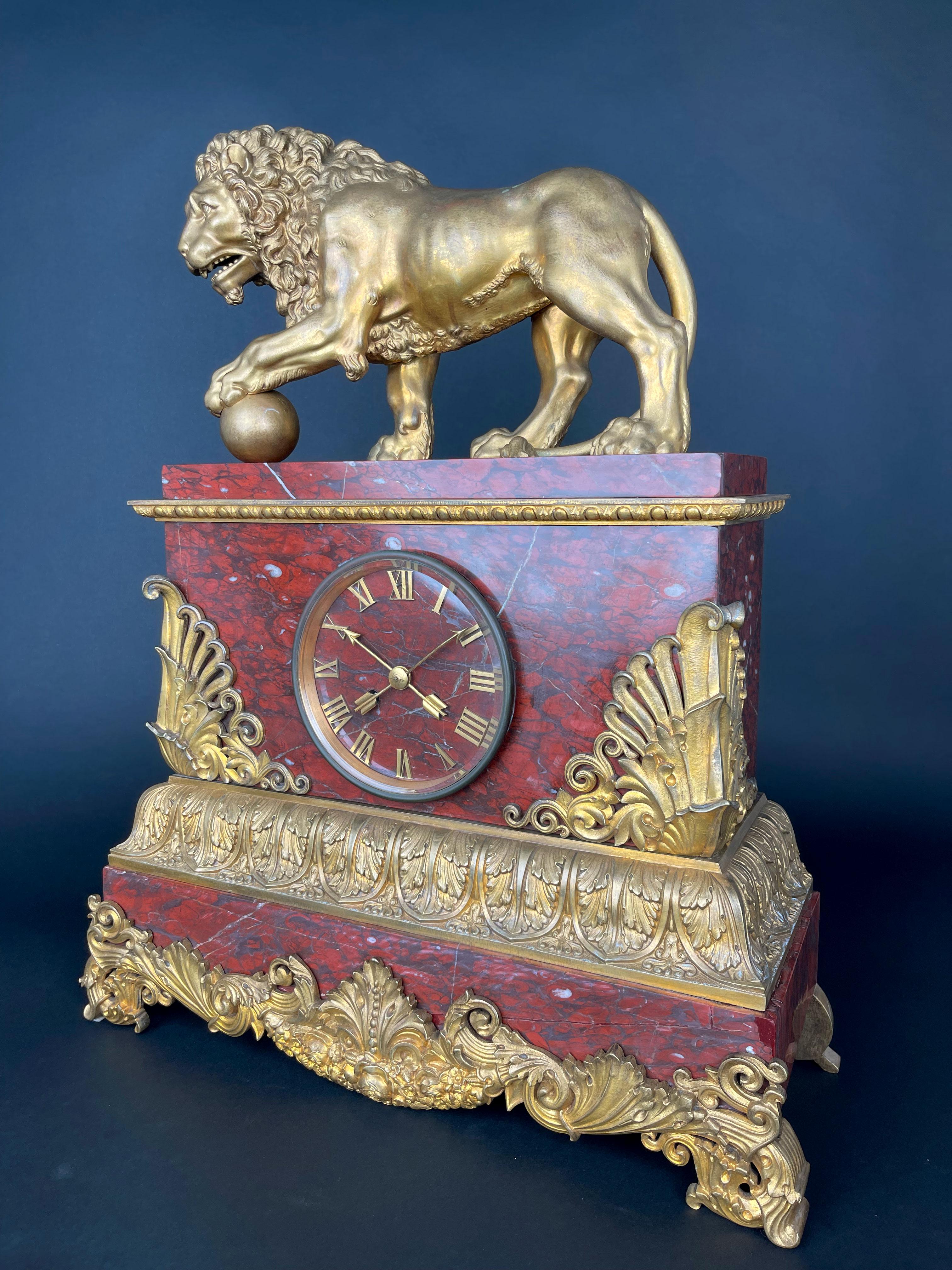 A Large Size Gilt Bronze & Rouge Marble Clock, France, 19th Century In Good Condition For Sale In Pasadena, CA