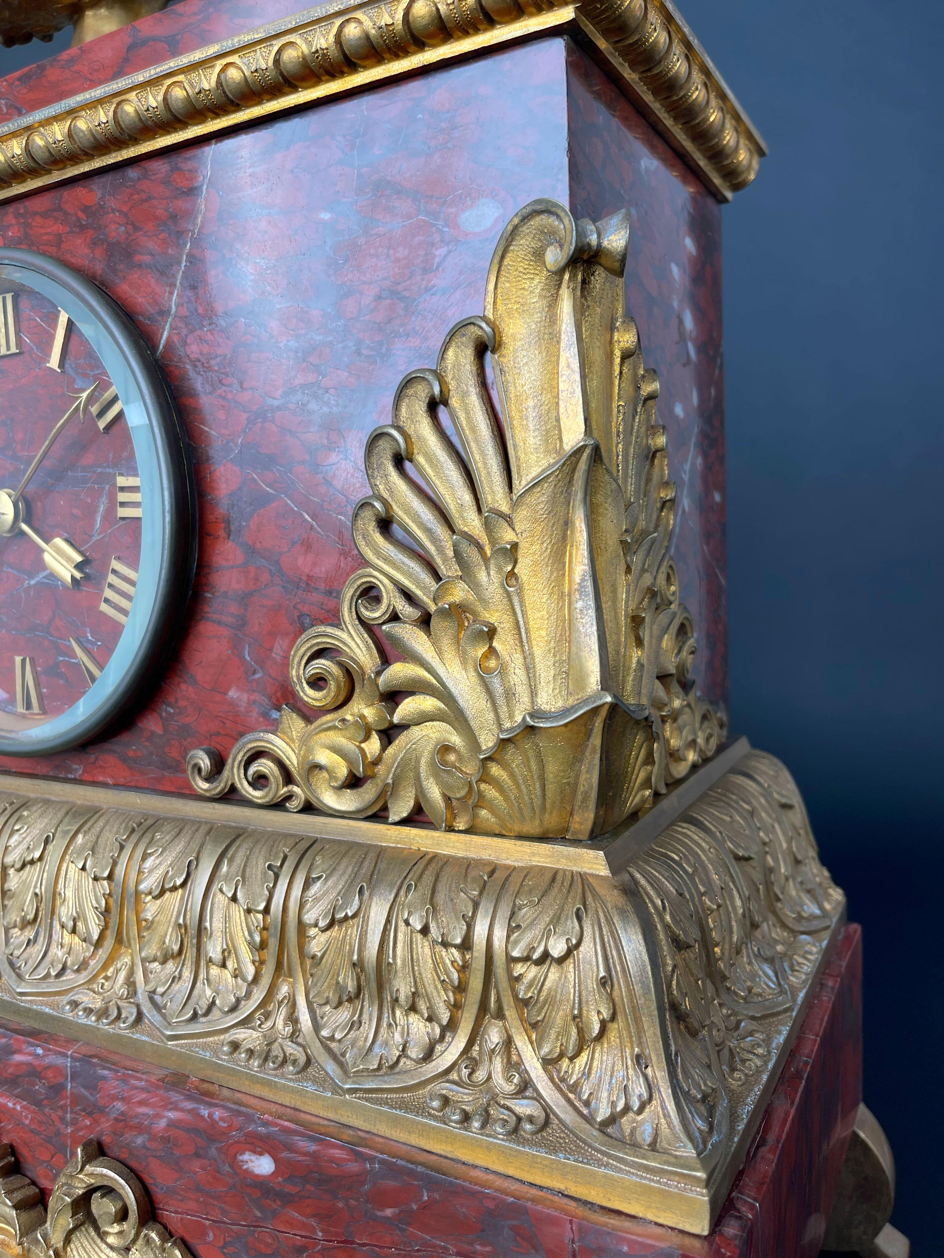 A Large Size Gilt Bronze & Rouge Marble Clock, France, 19th Century For Sale 1
