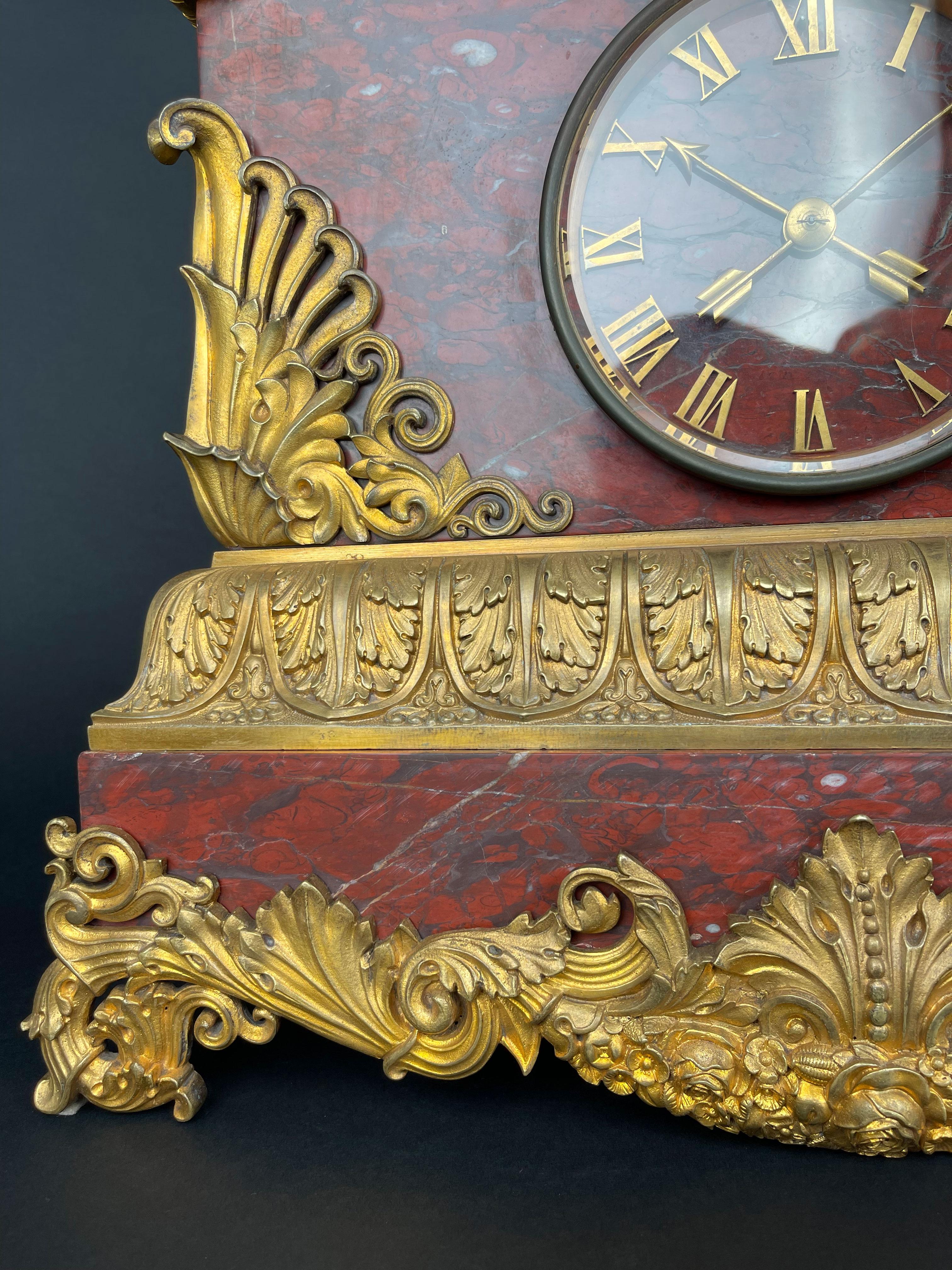 A Large Size Gilt Bronze & Rouge Marble Clock, France, 19th Century For Sale 2