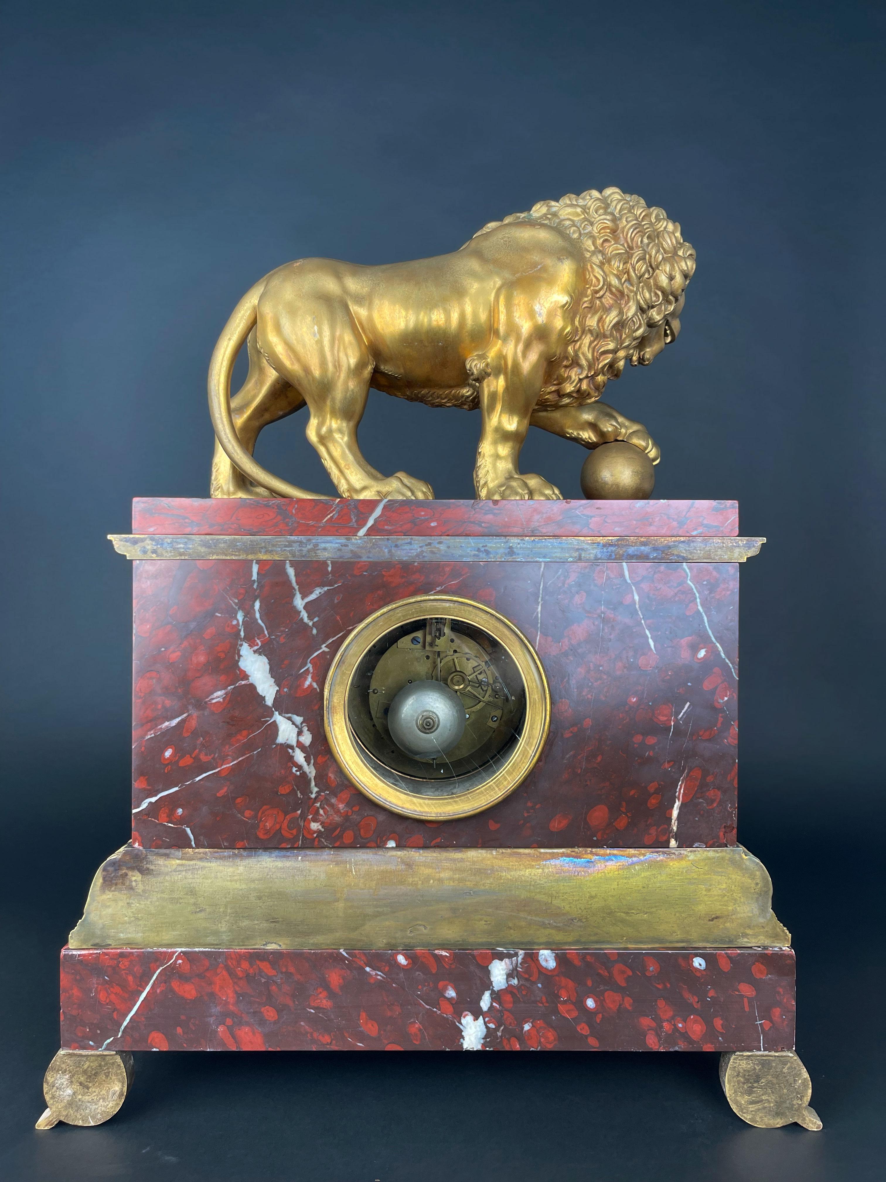 A Large Size Gilt Bronze & Rouge Marble Clock, France, 19th Century For Sale 4