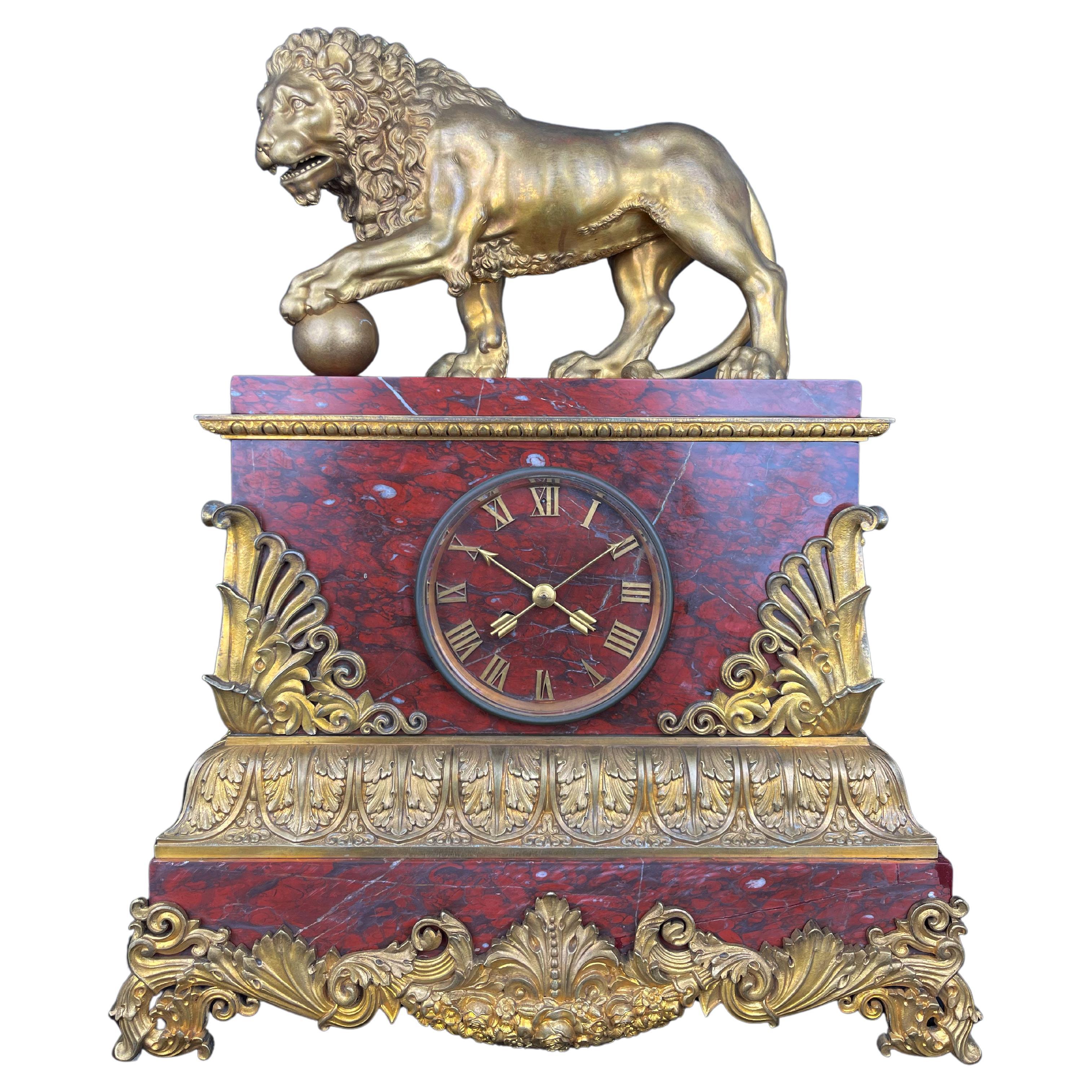 A Large Size Gilt Bronze & Rouge Marble Clock, France, 19th Century For Sale