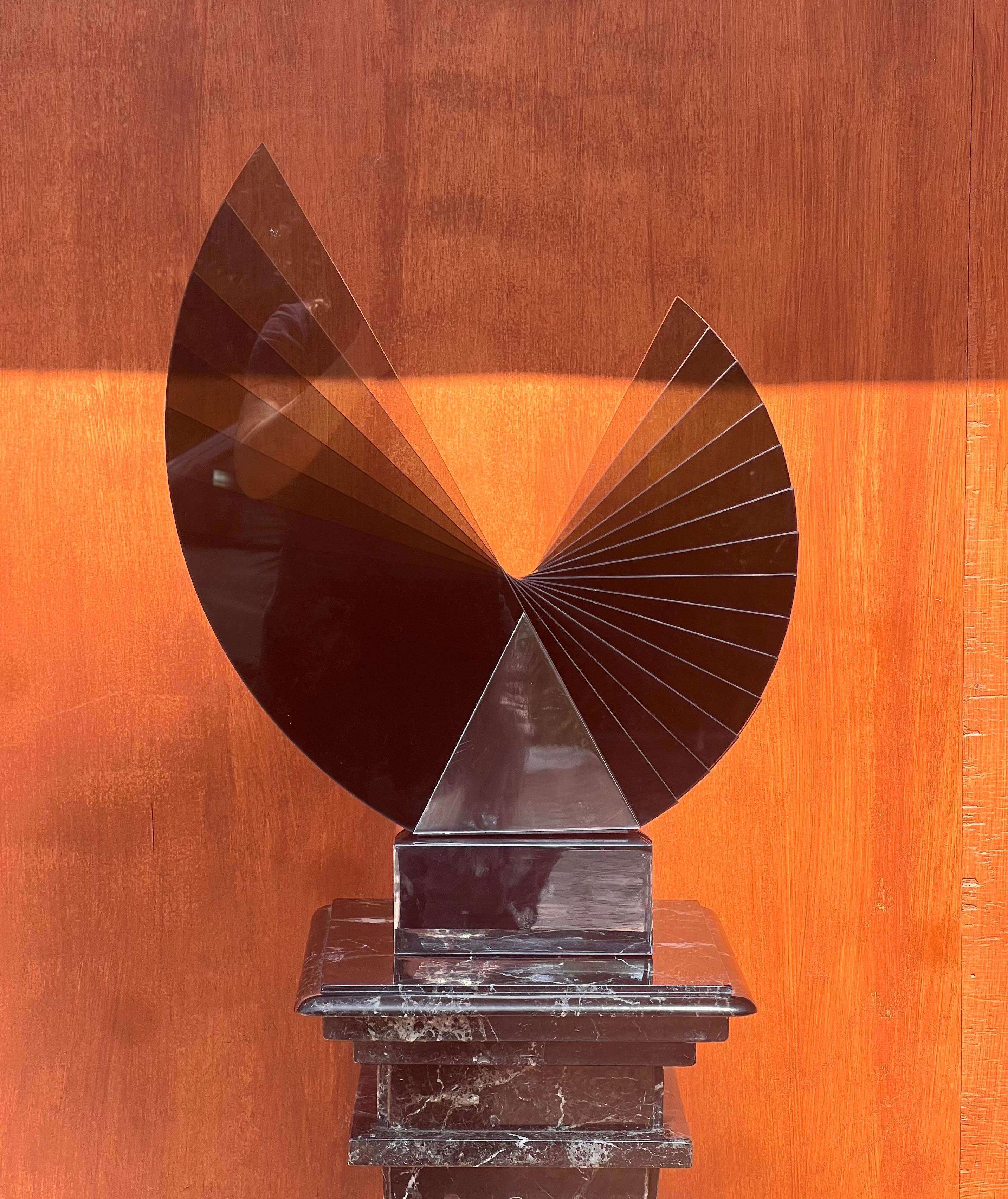 A large smoked glass and chrome sculpture by Runstadler Studios, signed, 1990 For Sale 2