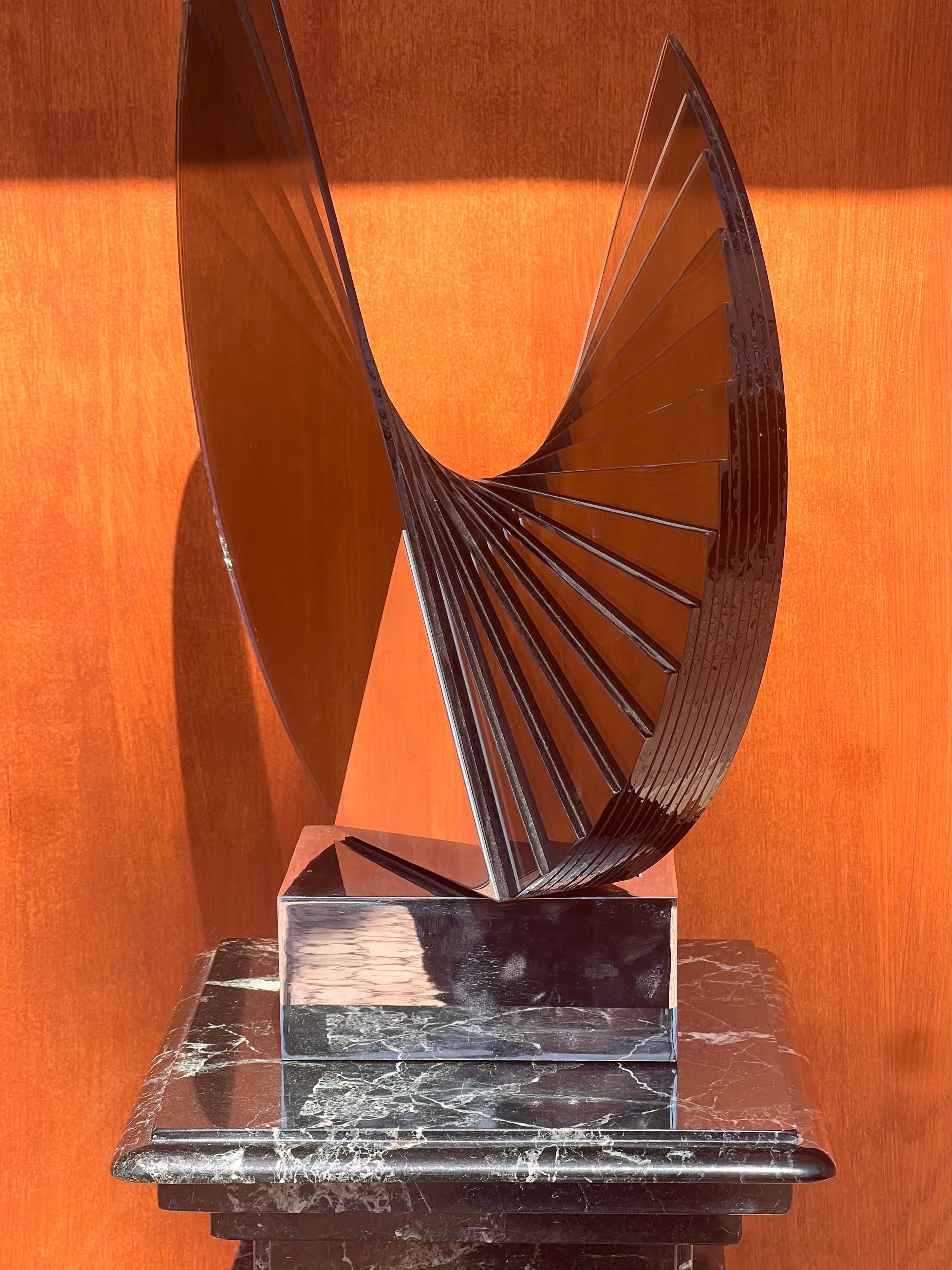 A large smoked glass and chrome sculpture by Runstadler Studios, signed, 1990 For Sale 4