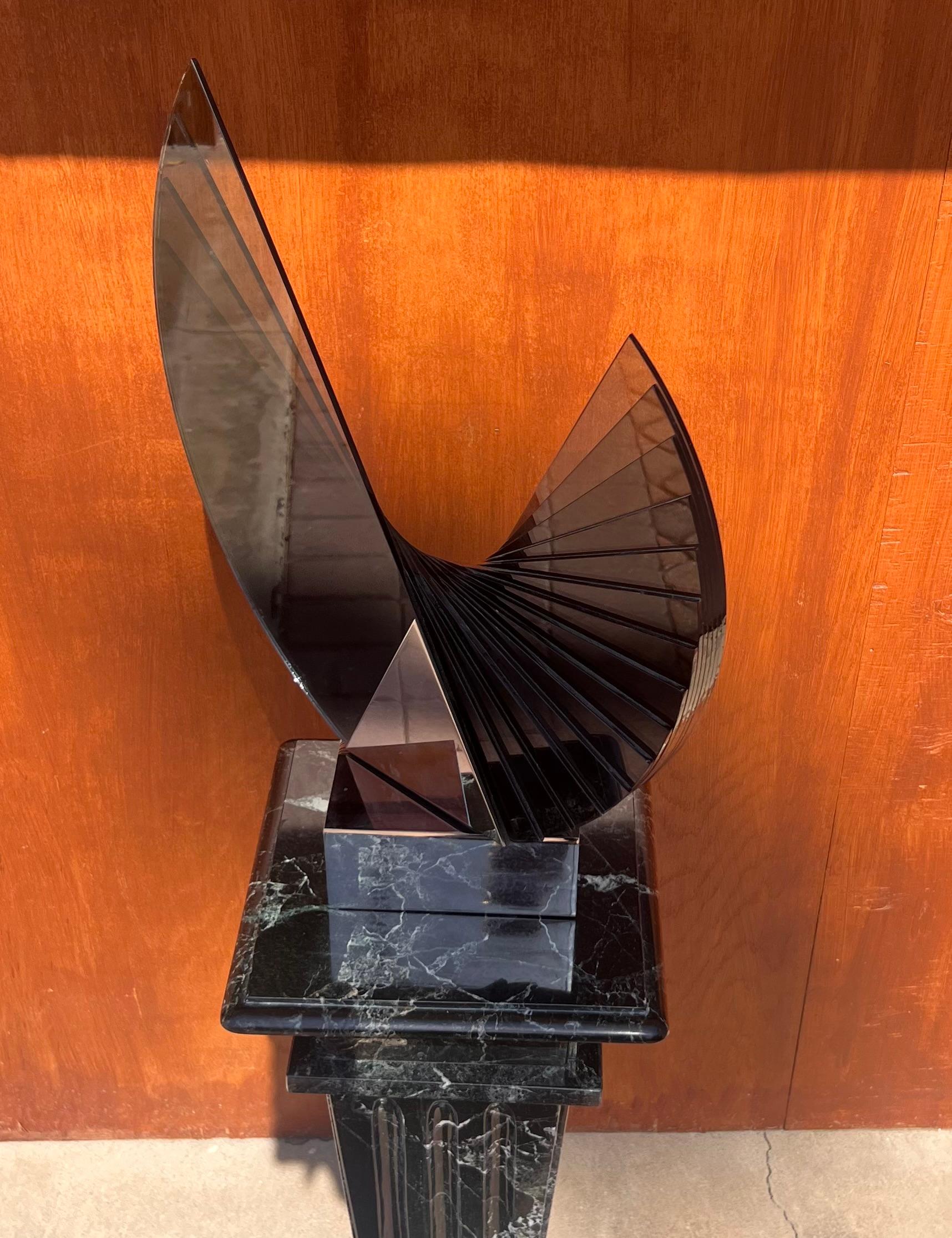 A large smoked glass and chrome sculpture by Runstadler Studios, signed, 1990 For Sale 6