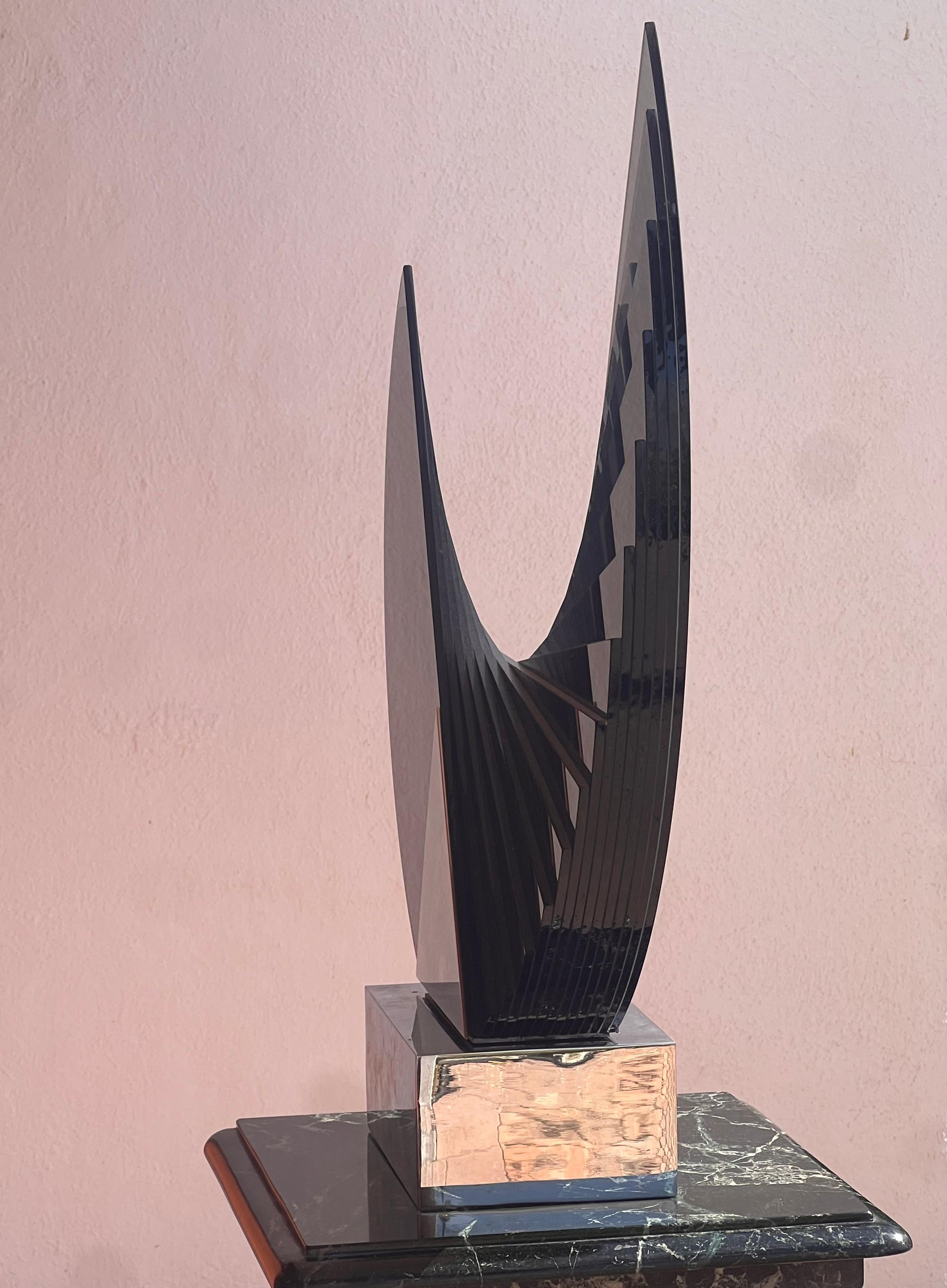 A large smoked glass and chrome sculpture by Runstadler Studios, signed, 1990 For Sale 8