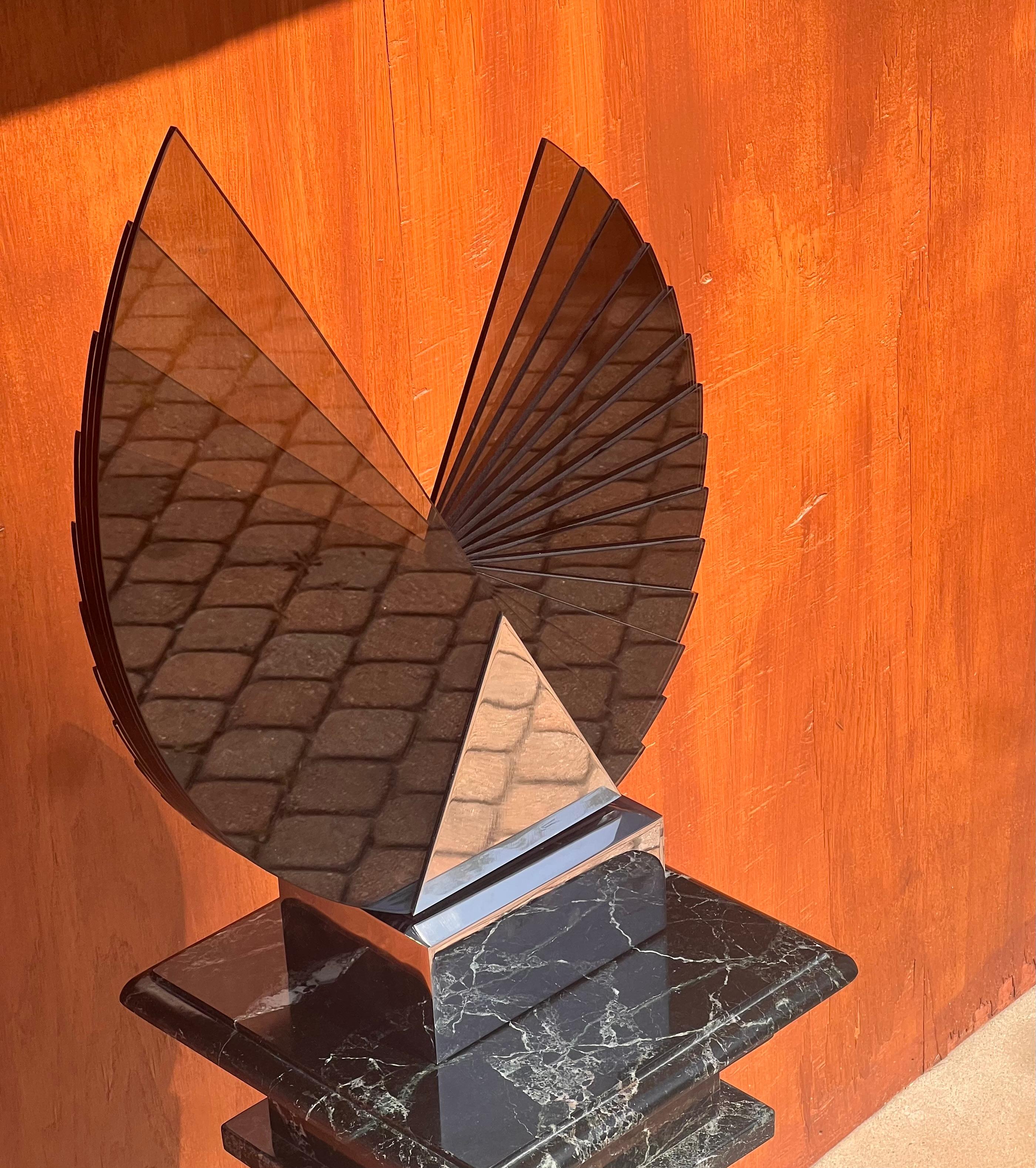 A large smoked glass and chrome sculpture by Runstadler Studios, signed, 1990 For Sale 9