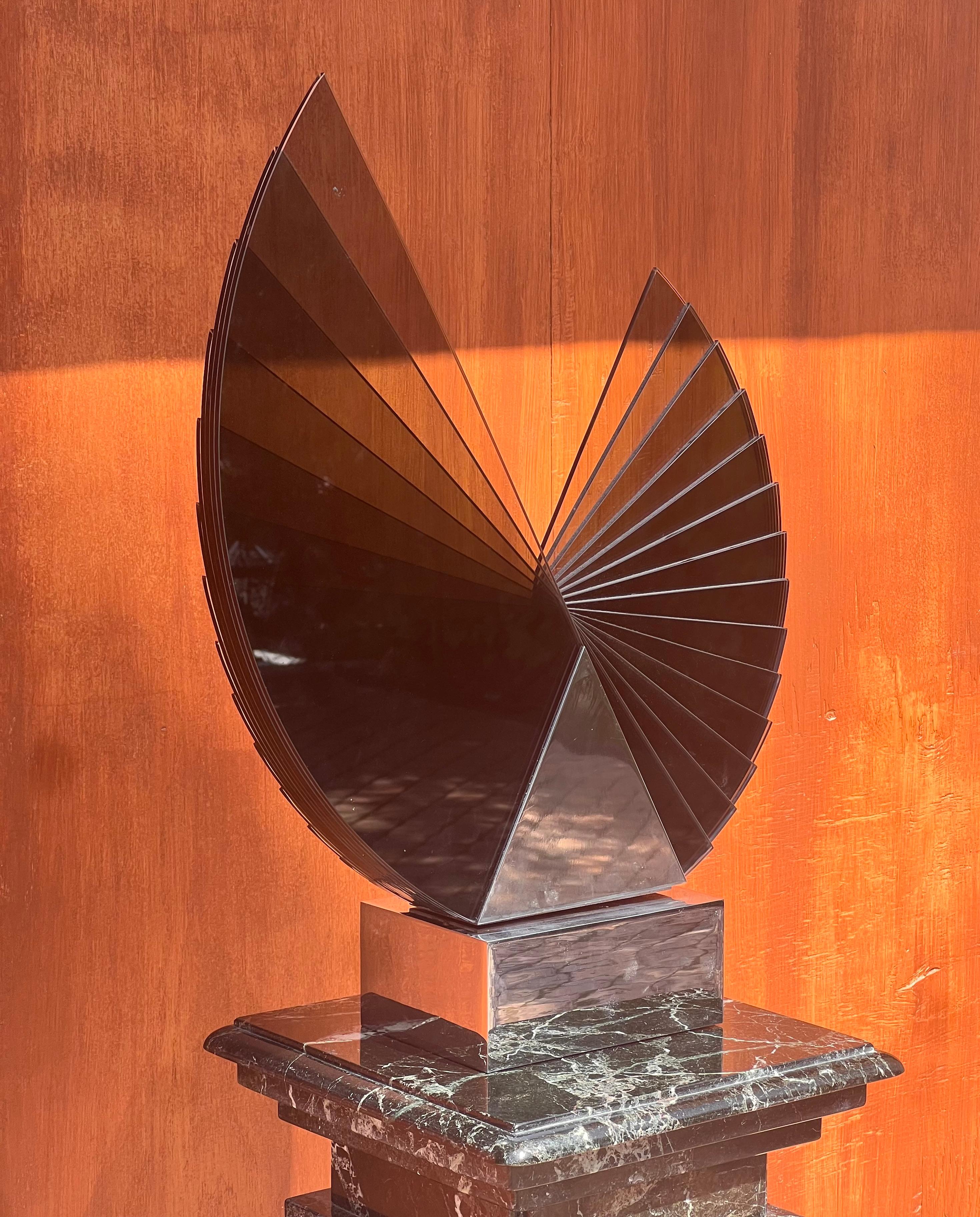 A large smoked glass and chrome sculpture by Runstadler Studios, signed, 1990 For Sale 12