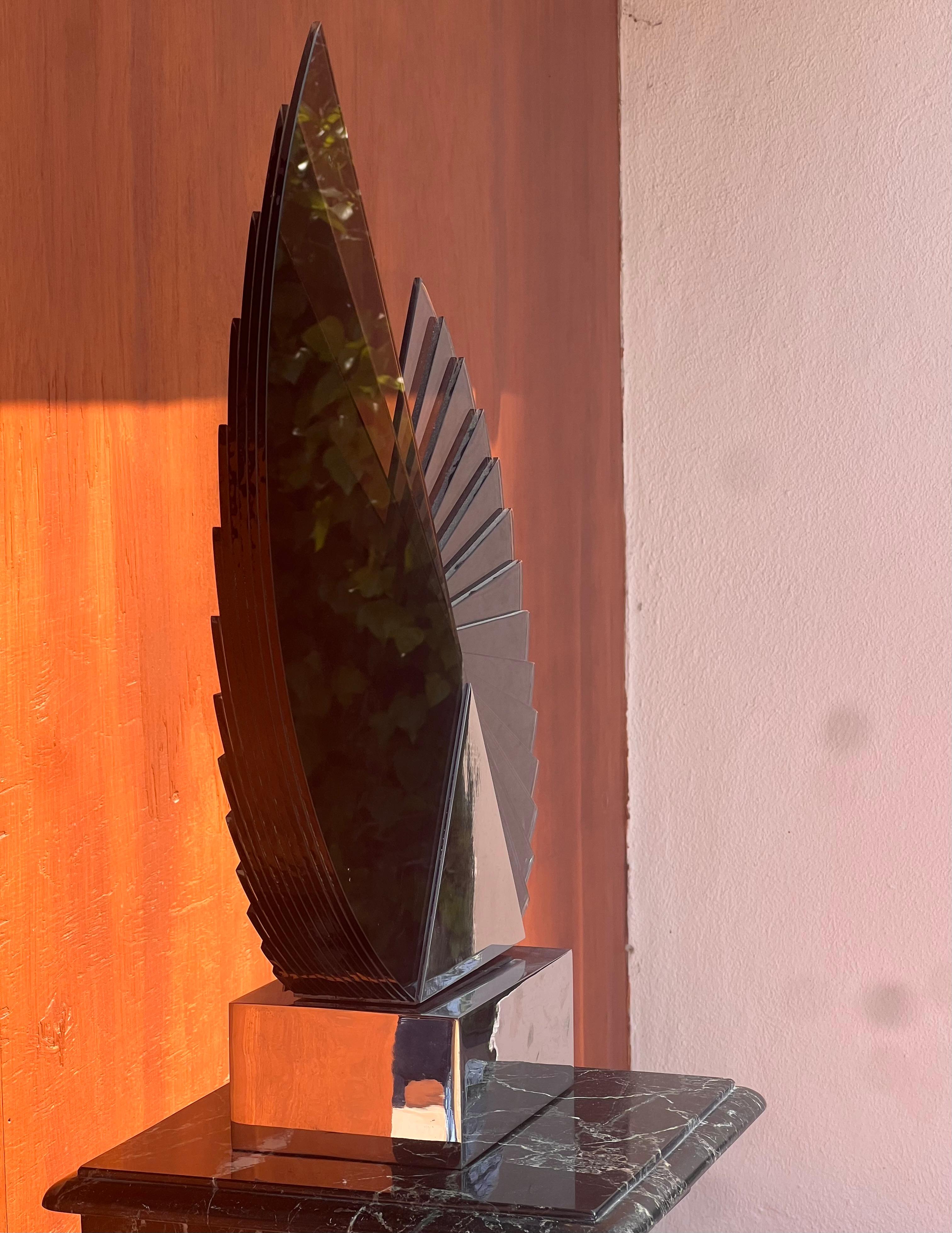Hand-Crafted A large smoked glass and chrome sculpture by Runstadler Studios, signed, 1990 For Sale