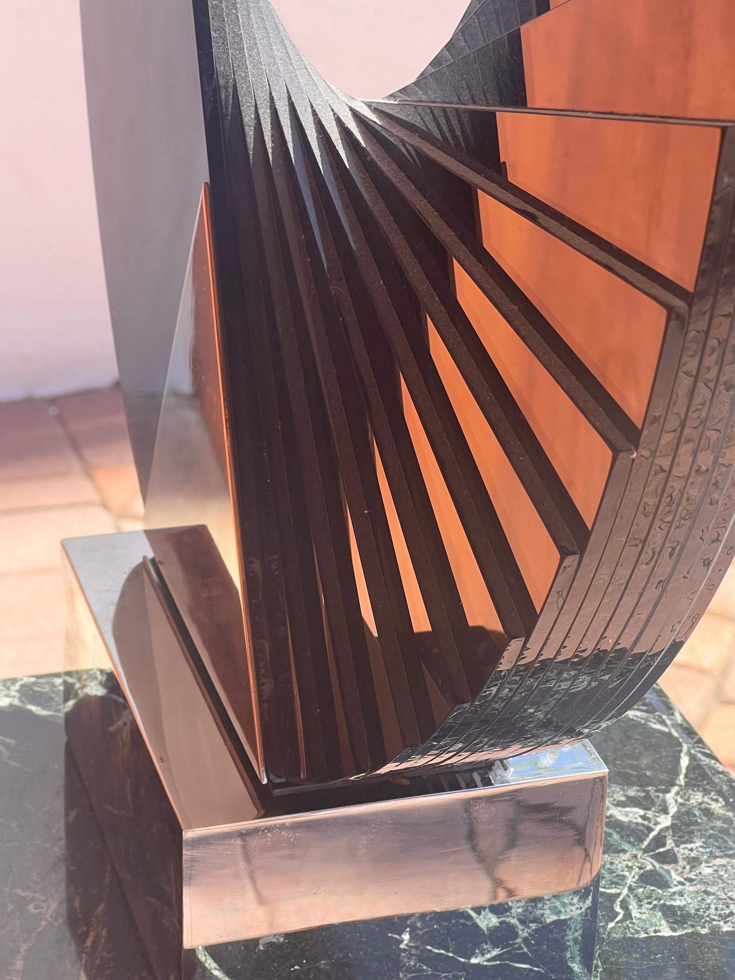 A large smoked glass and chrome sculpture by Runstadler Studios, signed, 1990 In Good Condition For Sale In View Park, CA