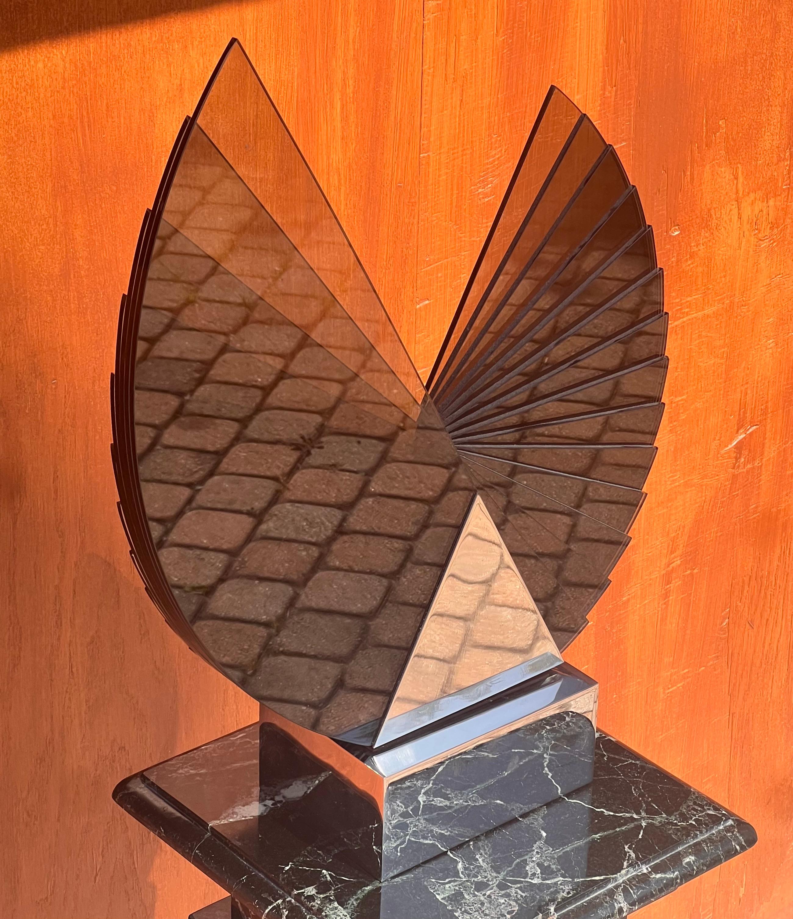 A large smoked glass and chrome sculpture by Runstadler Studios, signed, 1990 For Sale 1