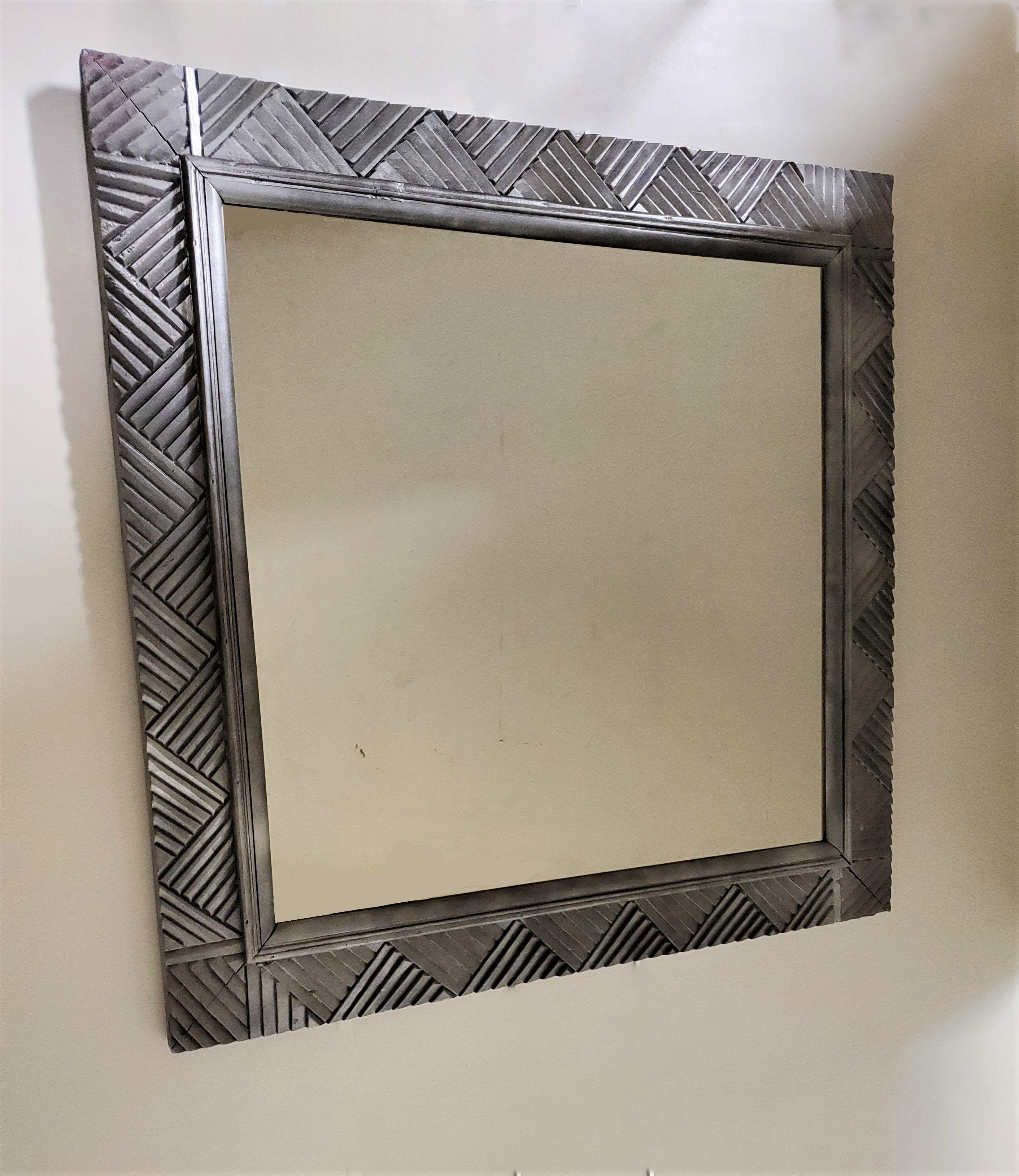 Large Square, Carved Silvered Wood Mirror For Sale 1