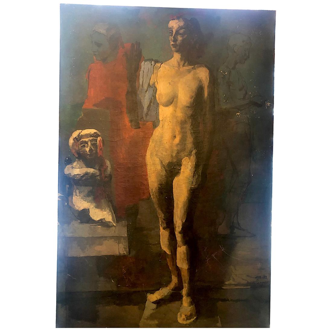 Grande huile sur toile signée de 1937 représentant une femme nue près d'une sculpture et d'autres personnages.

Mesures :
Hauteur : 72