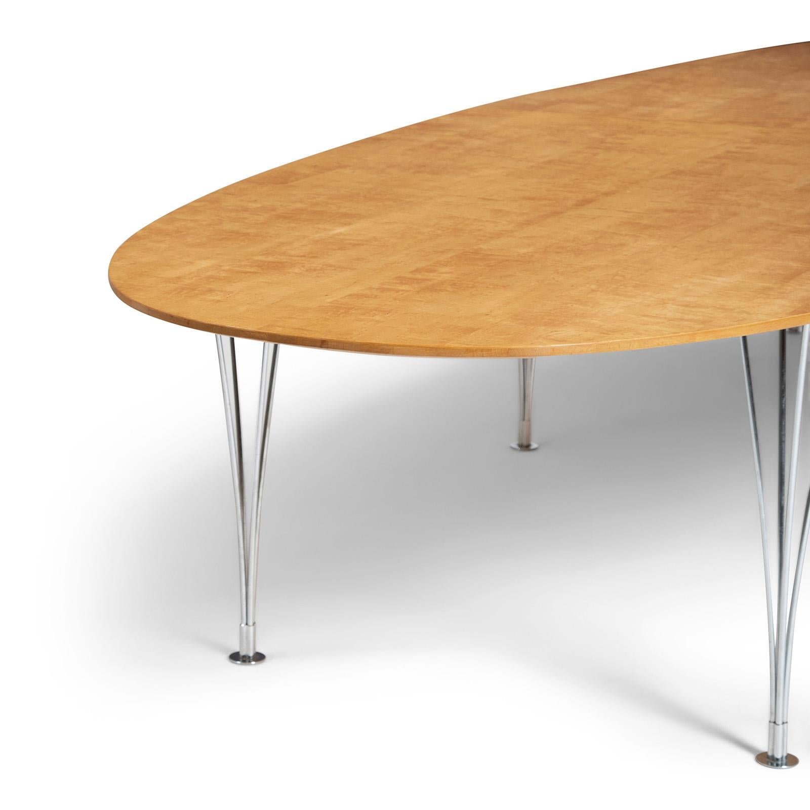 The super-ellipse table with top in Karelian birch with chrome-plated spring steel legs.
Designed in a close collaboration between Swedish architect Bruno Mathsson and Danish designer Piet Hein. The model was first exhibited at the Liljevachs