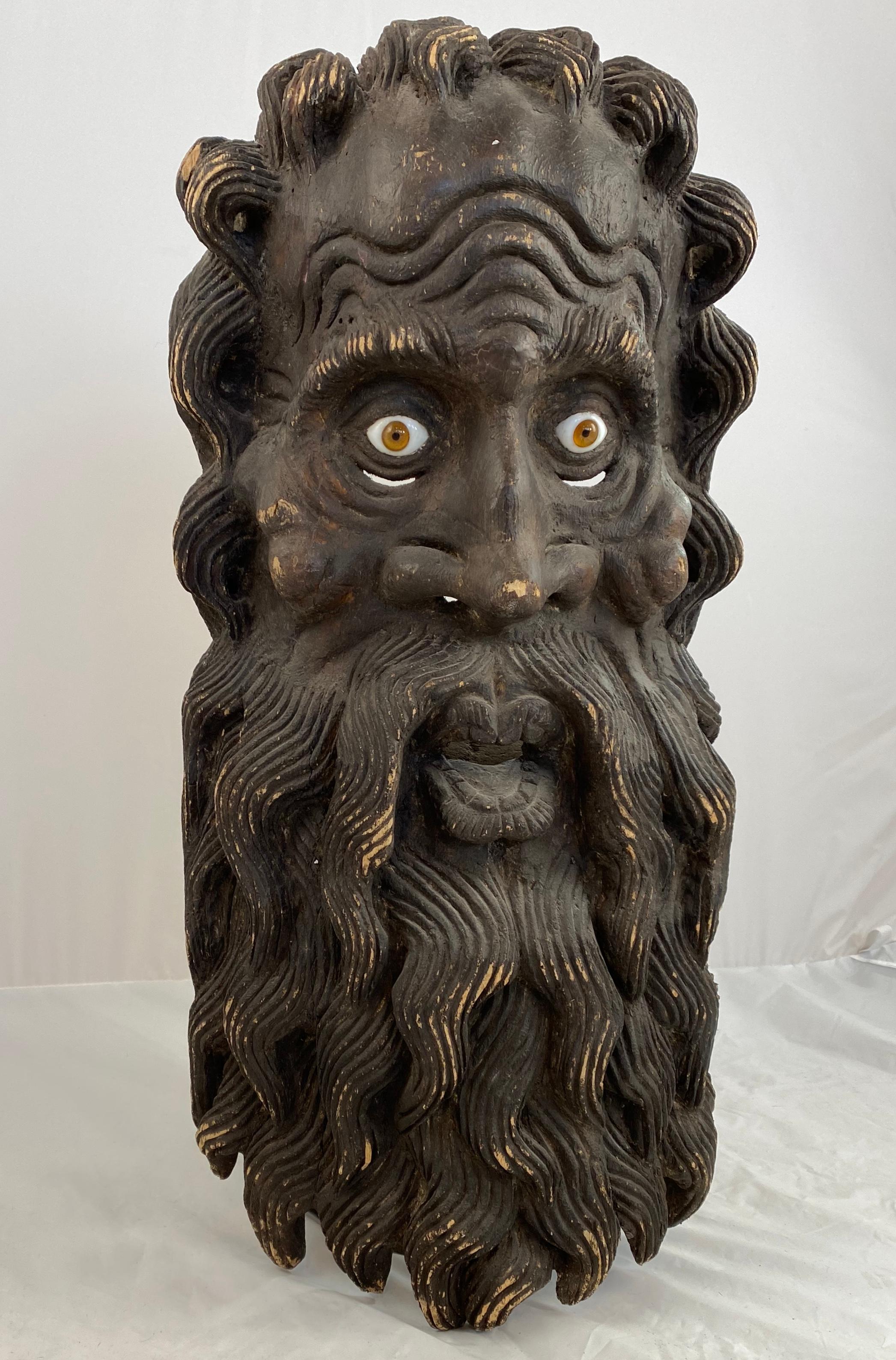 Hand-Carved Large Theatrical Mask, 19th C For Sale