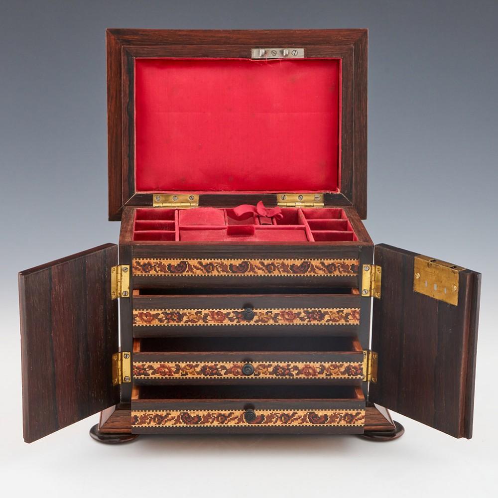 Paper A Large Three Drawer Tunbridge Ware Jewellery Chest and Work Box, c1925 For Sale