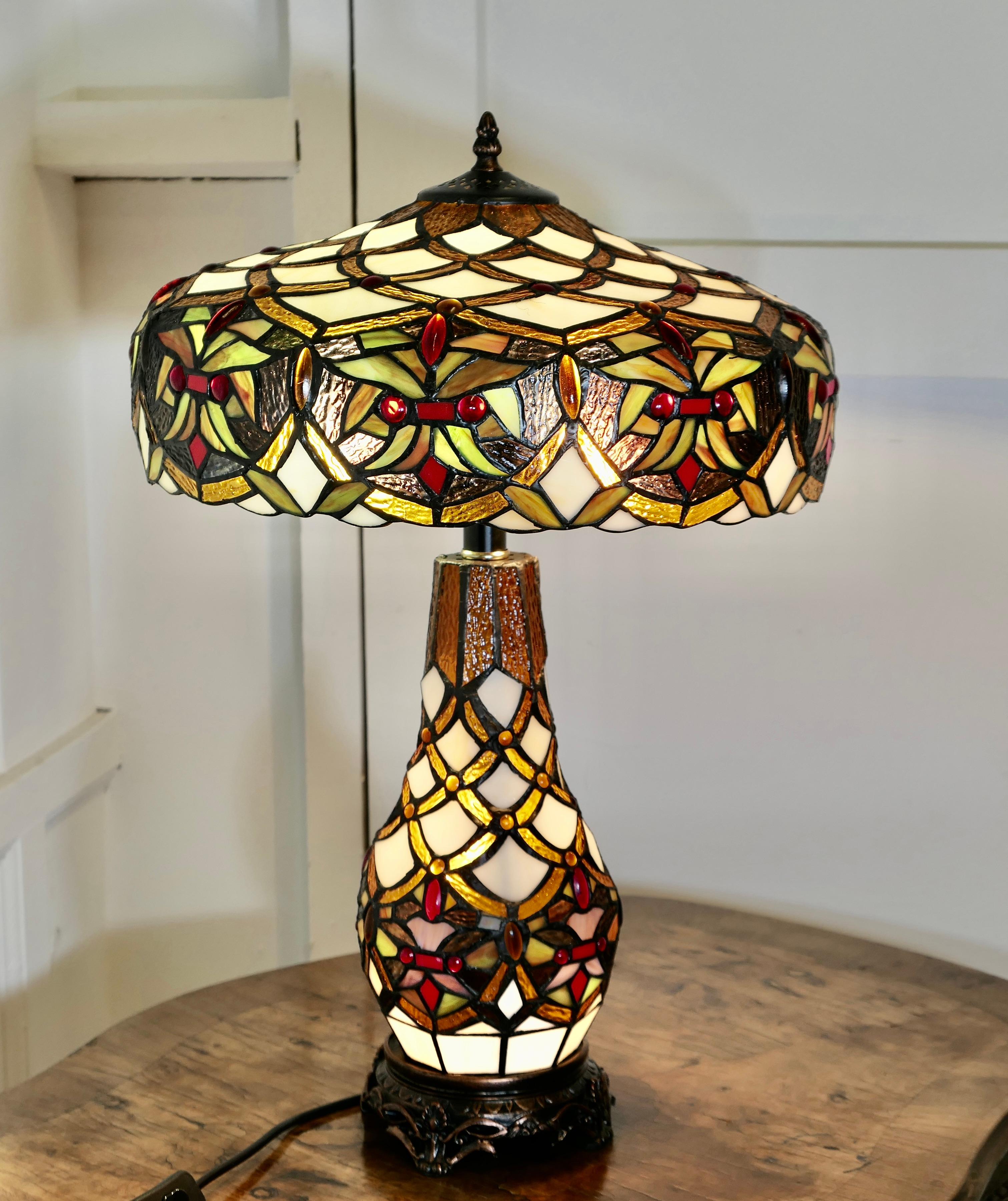 A Large Tiffany Style Stained Glass Table Lamp and Shade For Sale 6